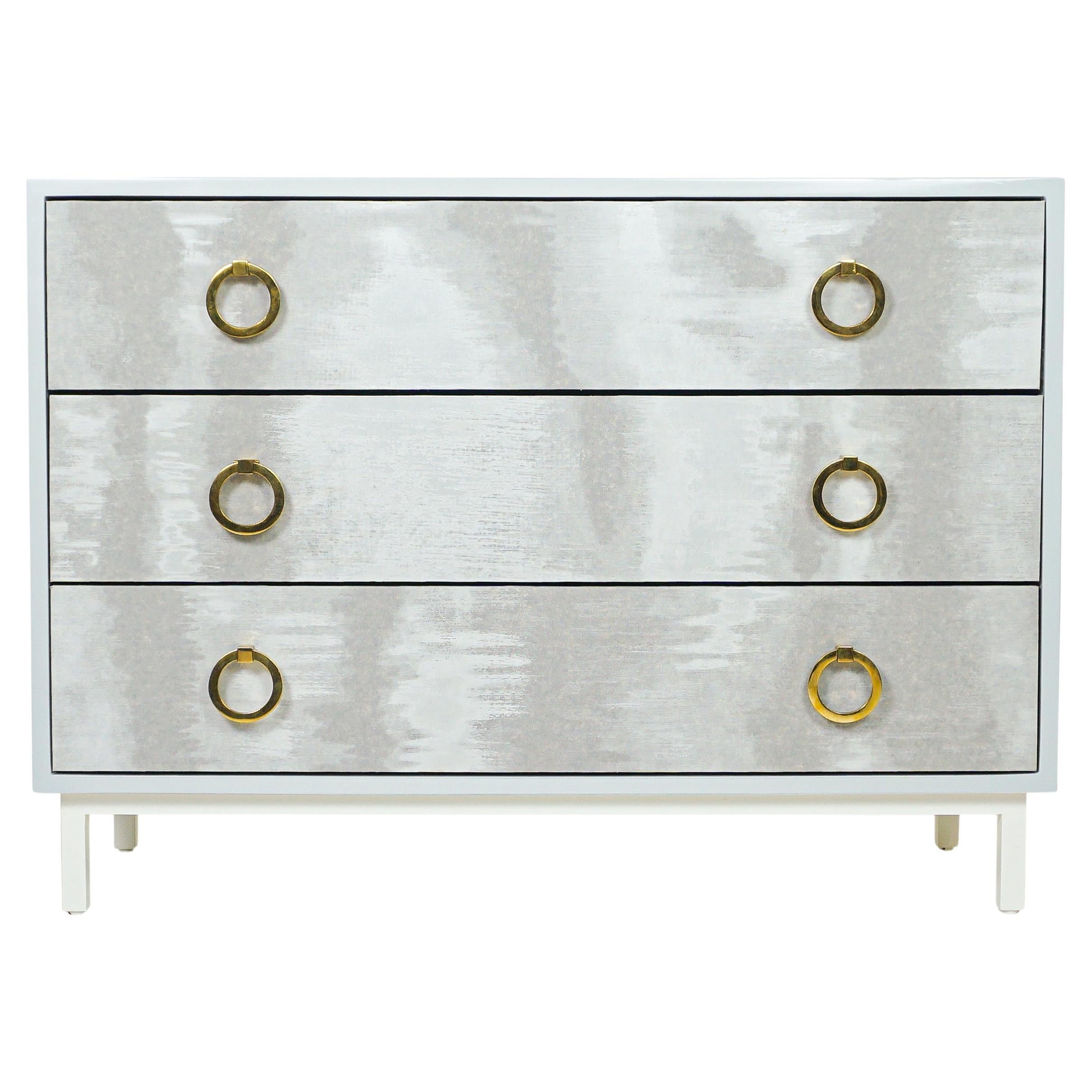 Lacquered Light Blue Chest of Three Drawers with Round Gold Pulls For Sale