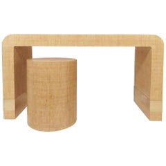 Lacquered Linen Wrapped Waterfall Console Table or Vanity / Desk with Stool