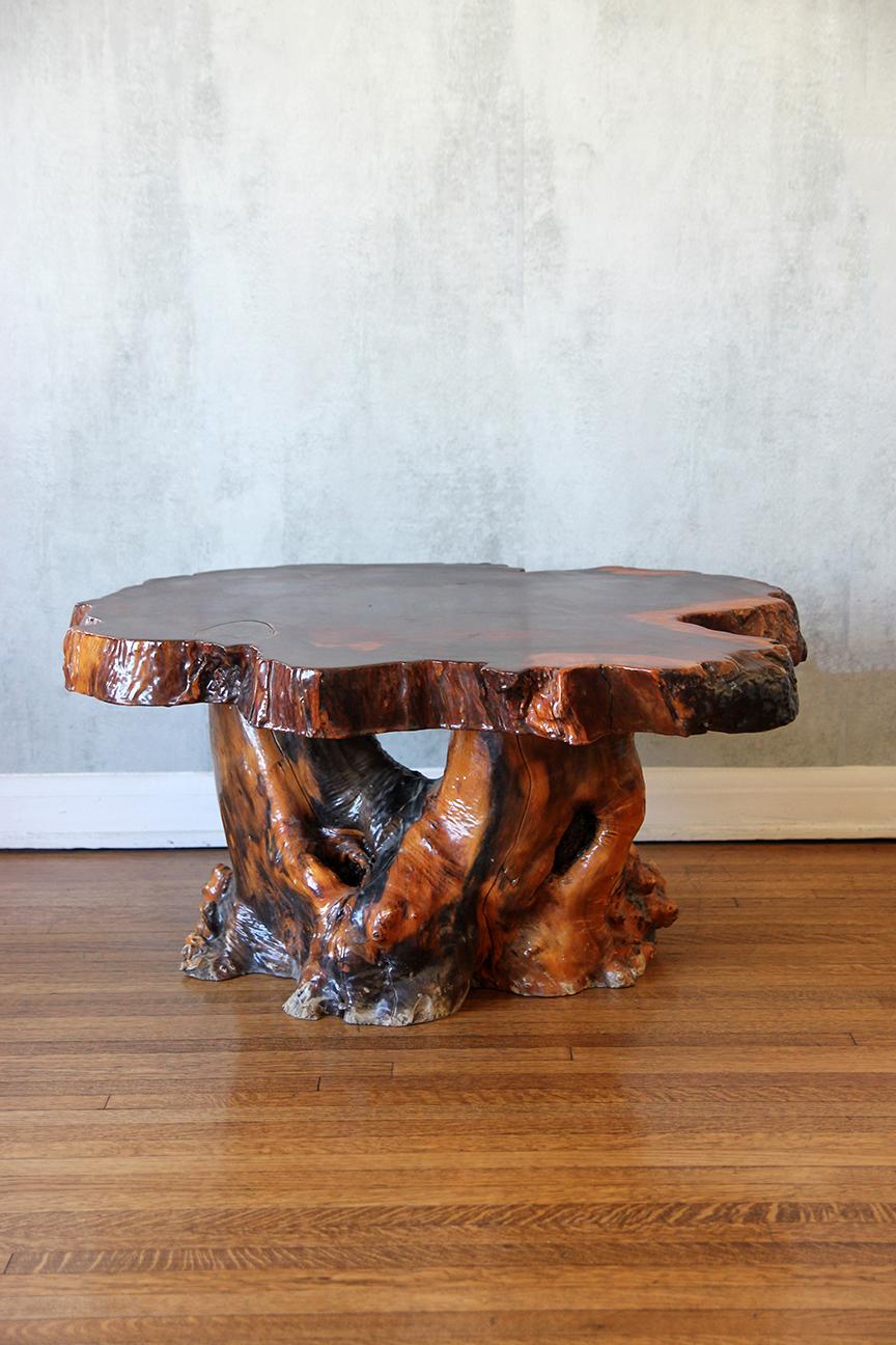 Discover the enchanting charm of a beautifully crafted, unique tree-shaped wood coffee table—a stunning centerpiece that embodies mid-century style. The table features a free-form, lacquered live-edge burl top, known for its visually striking