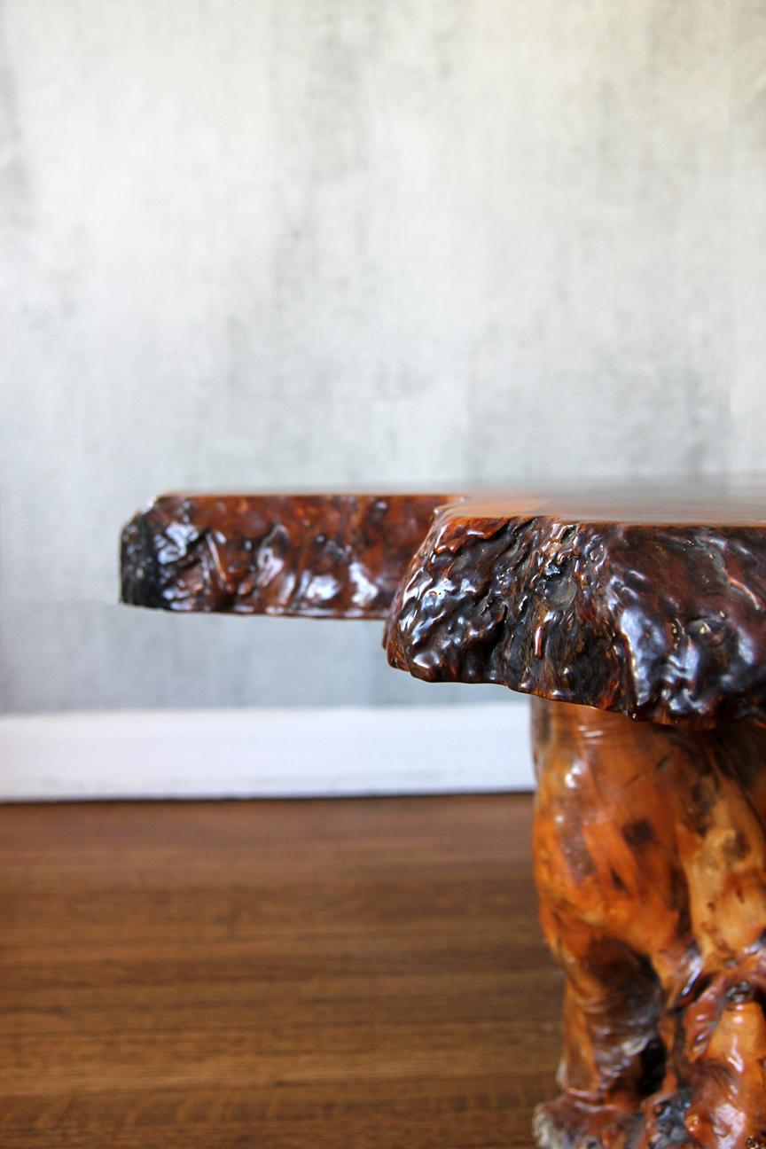 Organic Modern Lacquered Live Edge Specimen Burl Coffee Table with Root Base For Sale
