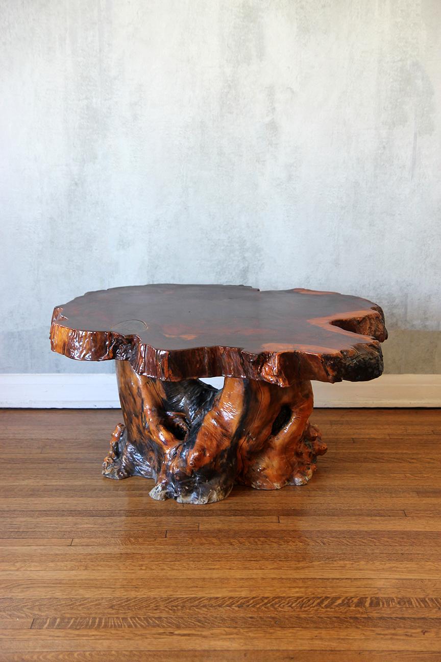 American Lacquered Live Edge Specimen Burl Coffee Table with Root Base For Sale