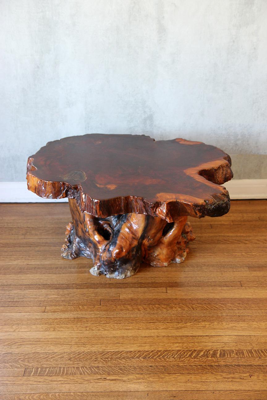 20th Century Lacquered Live Edge Specimen Burl Coffee Table with Root Base For Sale
