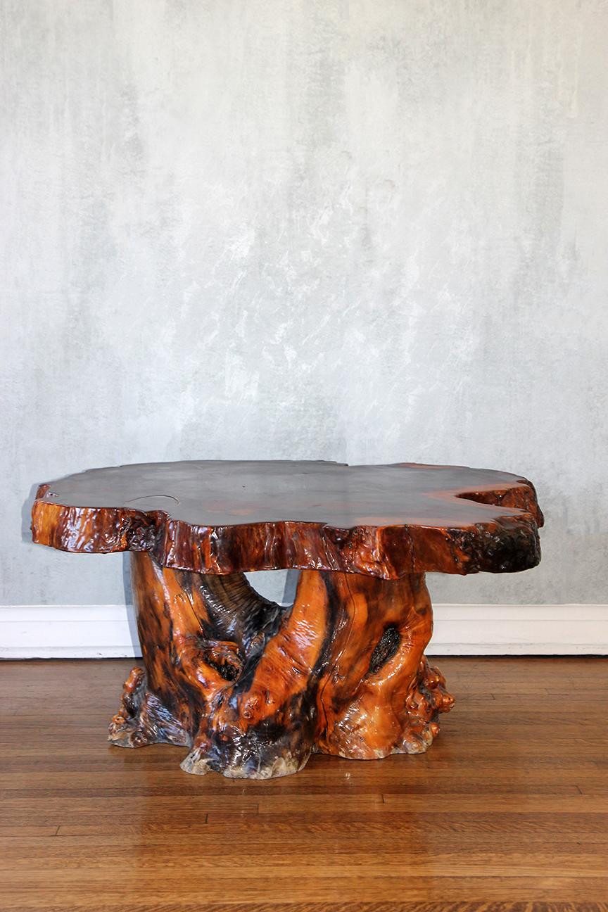 Lacquered Live Edge Specimen Burl Coffee Table with Root Base For Sale 1