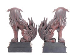 Lacquered Meiji Period Carved Wood Foo Dogs or Guardian Lions on Boulle Stands