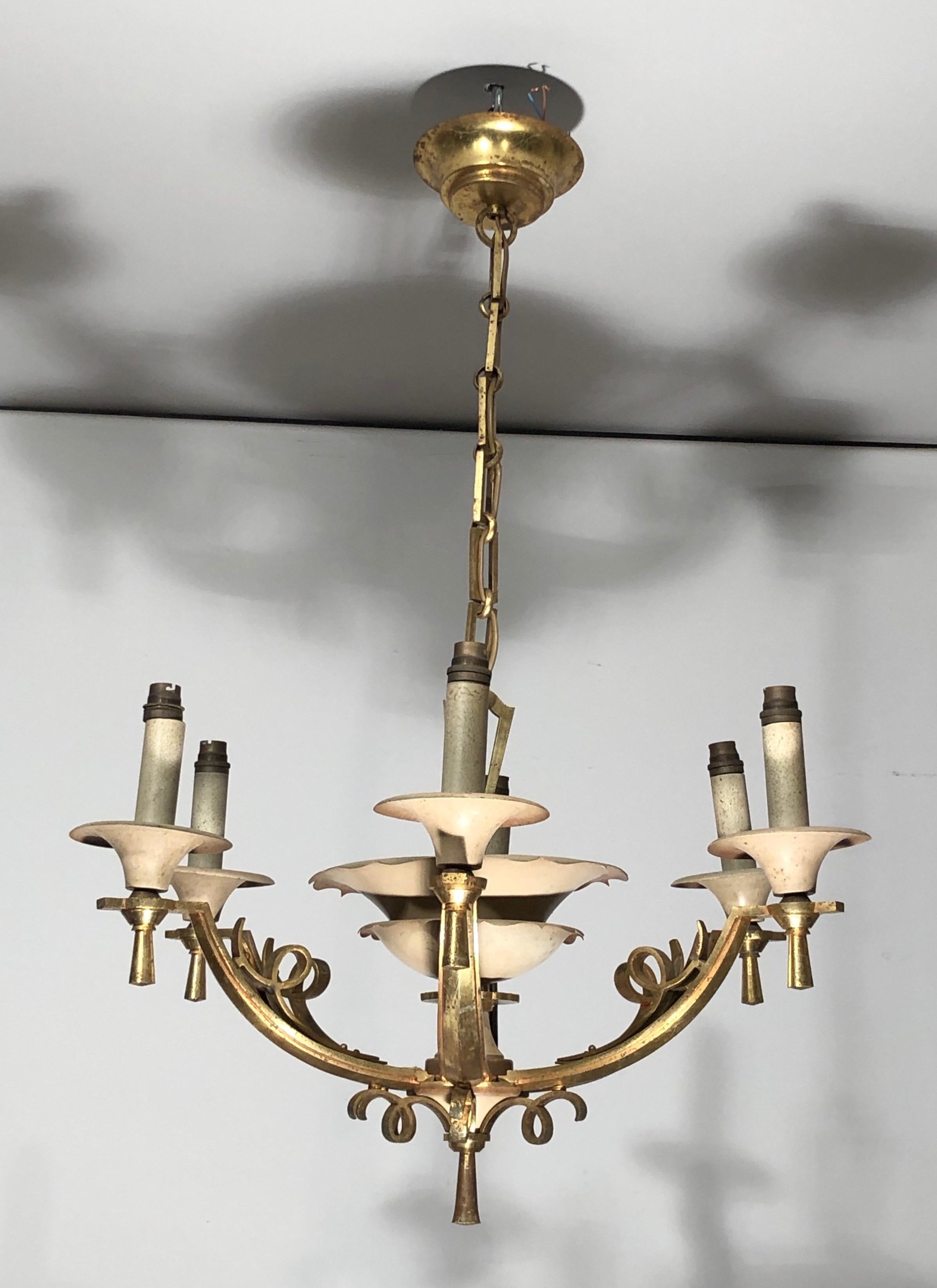Lacquered Metal and Brass Chandelier, circa 1940 For Sale 4