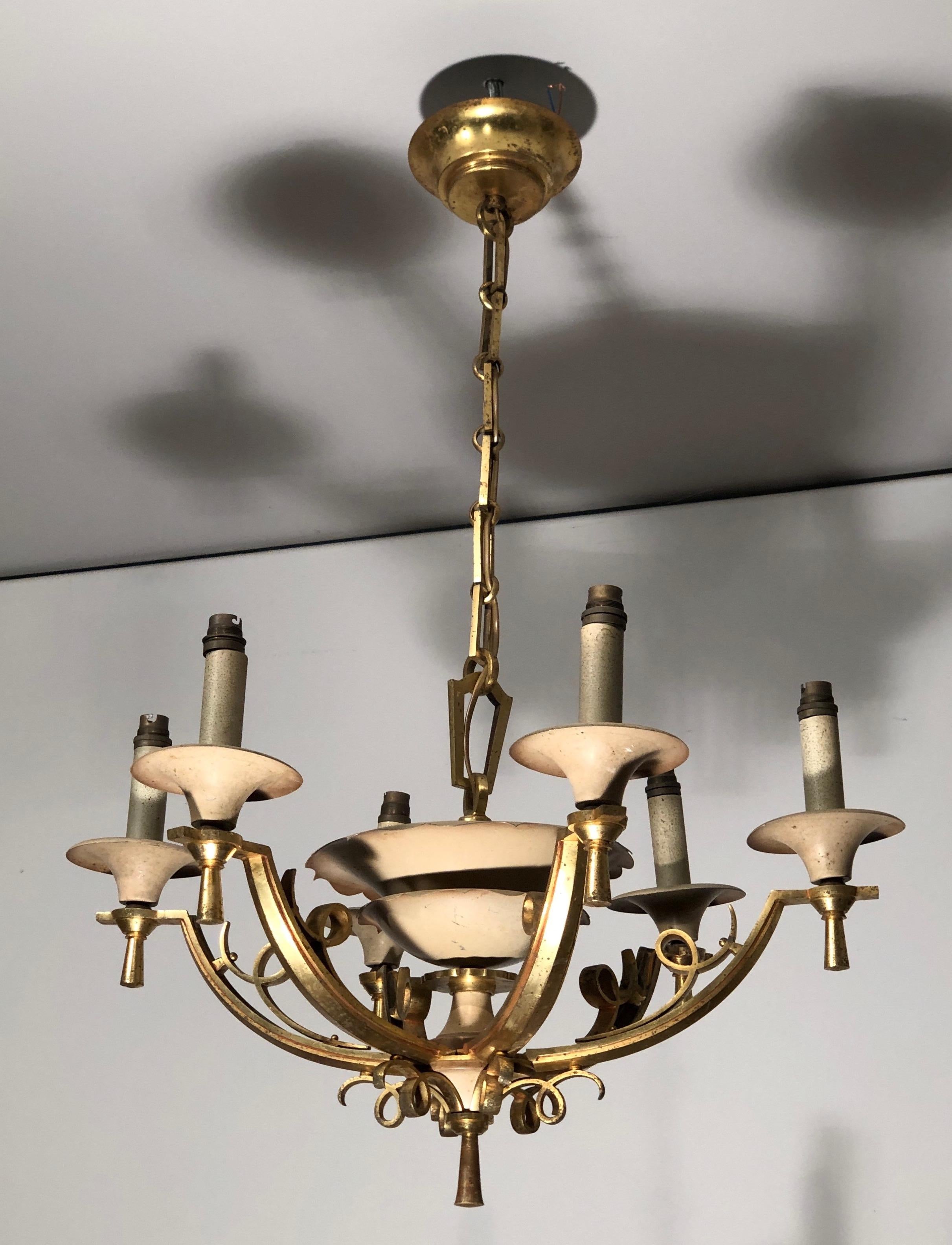 Lacquered Metal and Brass Chandelier, circa 1940 For Sale 5