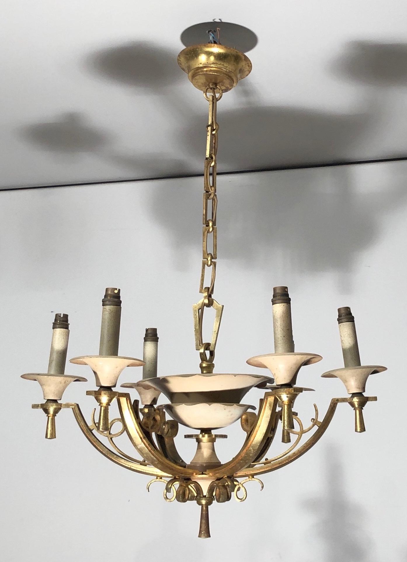 Lacquered Metal and Brass Chandelier, circa 1940 For Sale 6