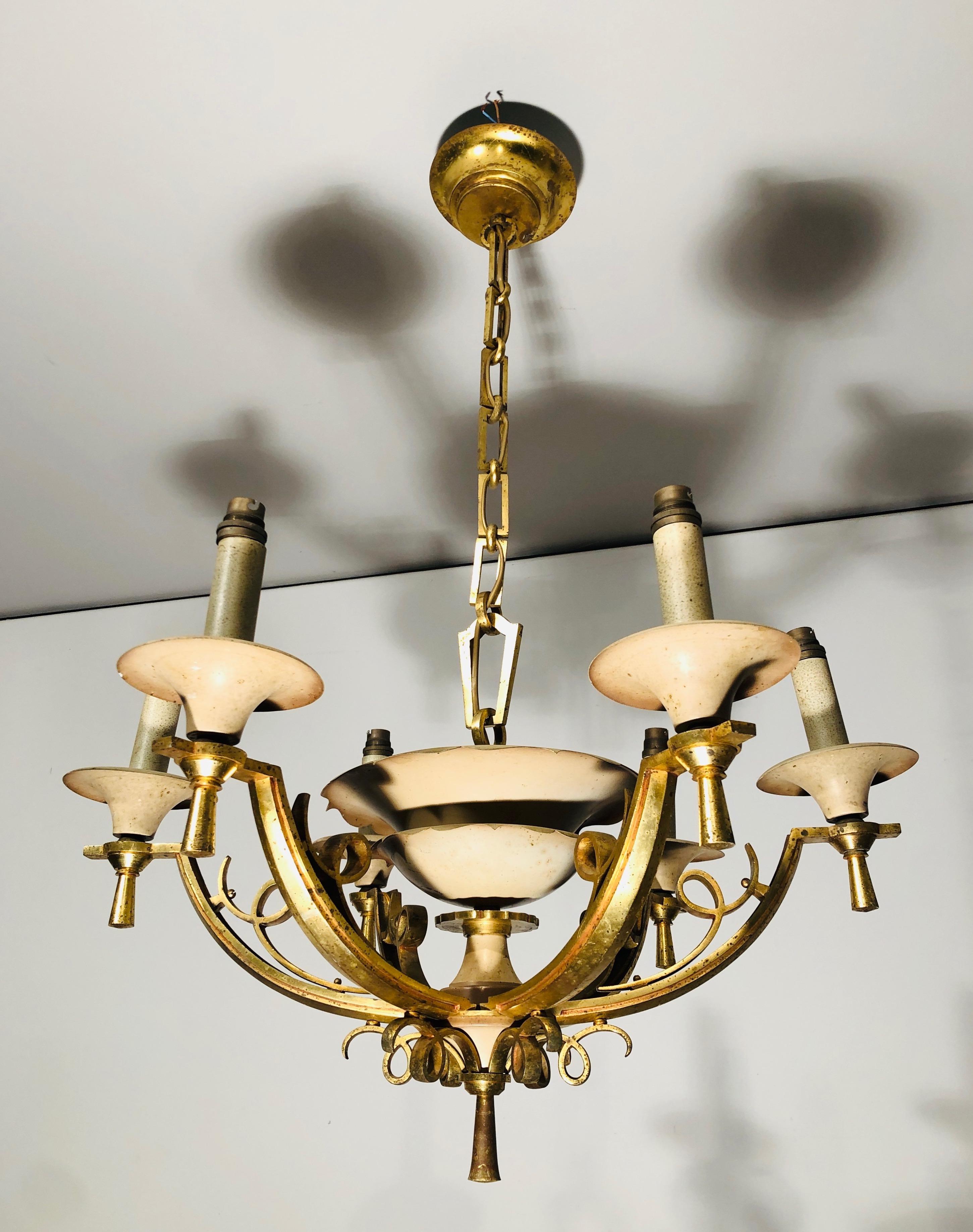 Art Deco Lacquered Metal and Brass Chandelier, circa 1940 For Sale