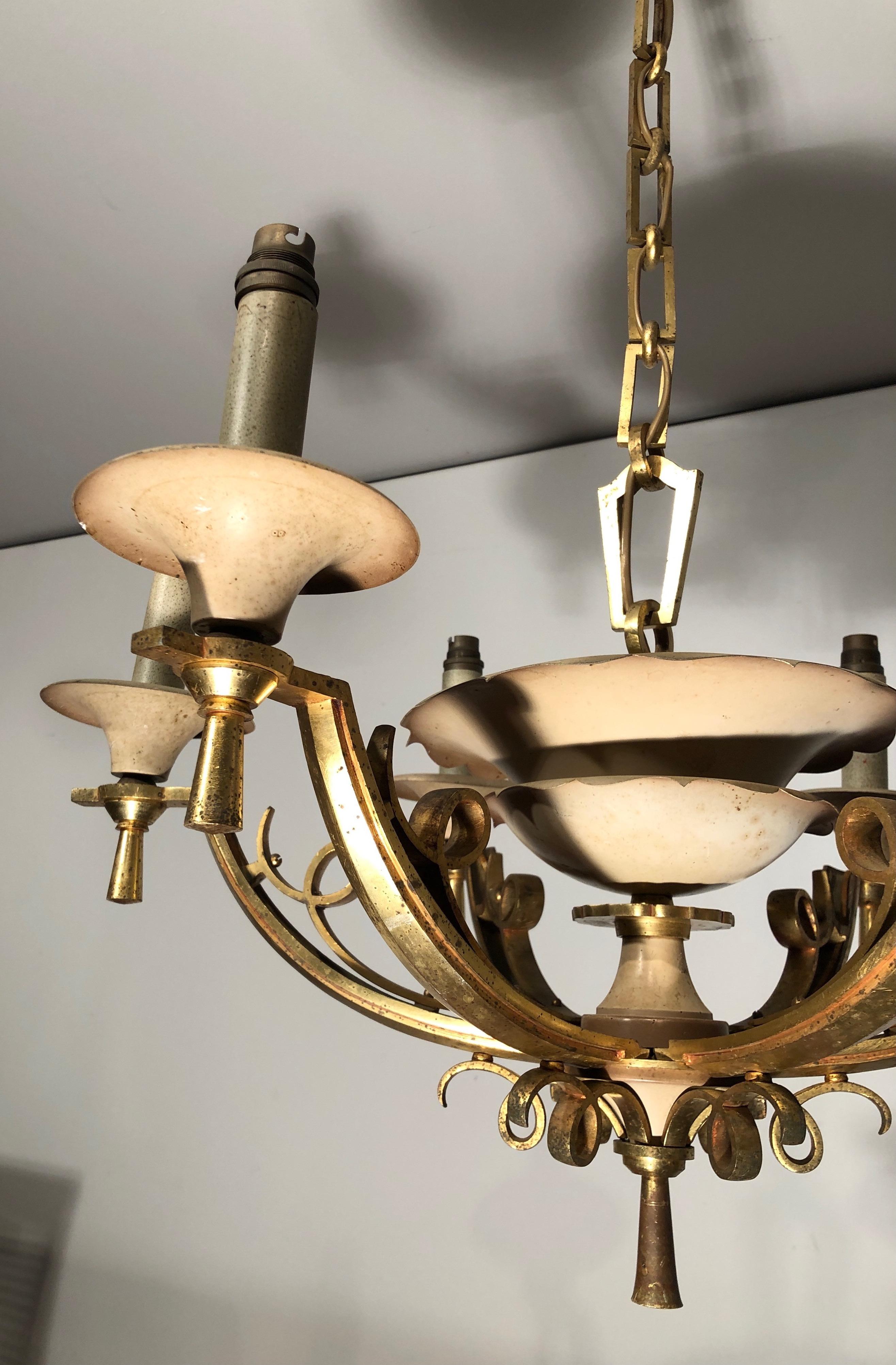 French Lacquered Metal and Brass Chandelier, circa 1940 For Sale