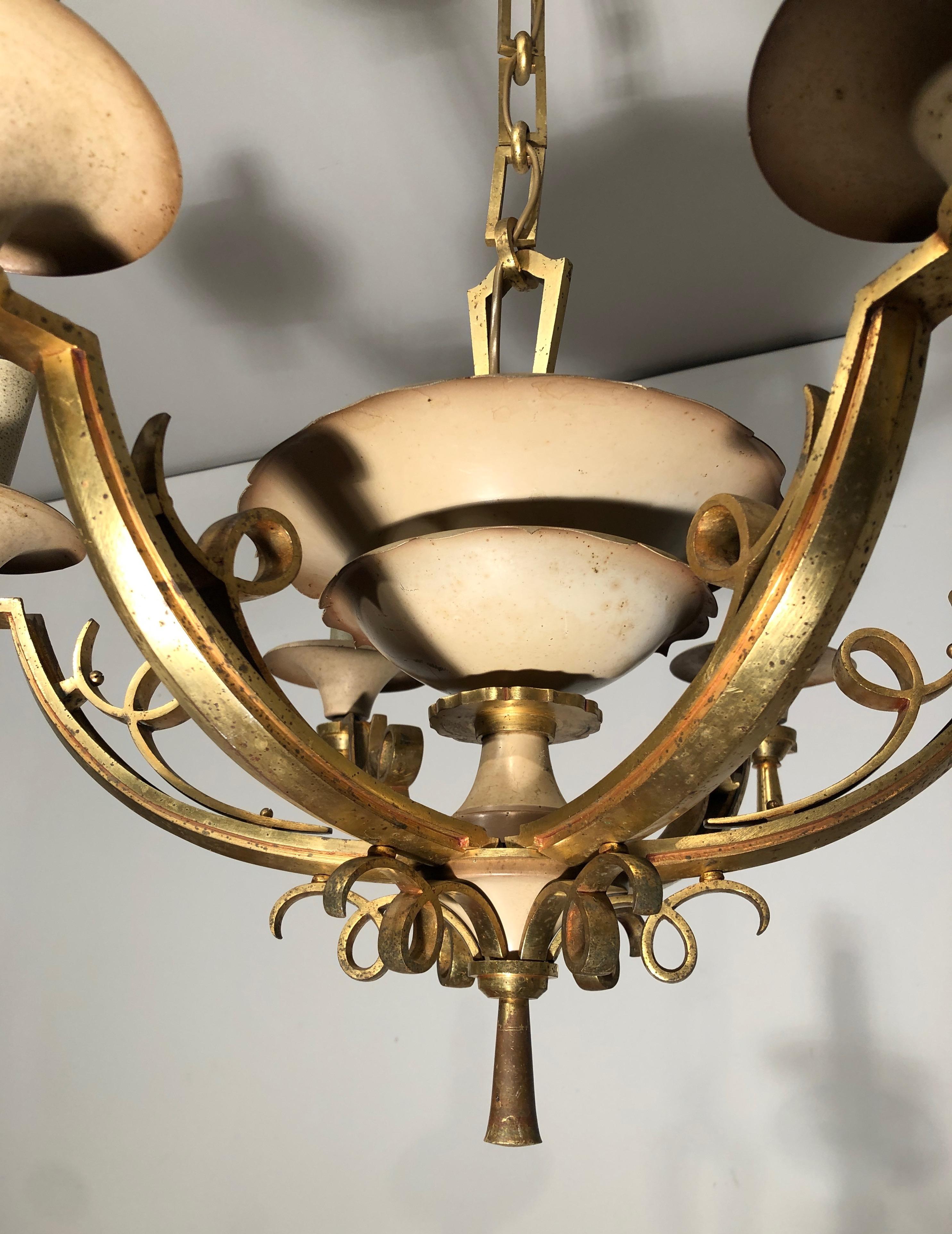 20th Century Lacquered Metal and Brass Chandelier, circa 1940 For Sale
