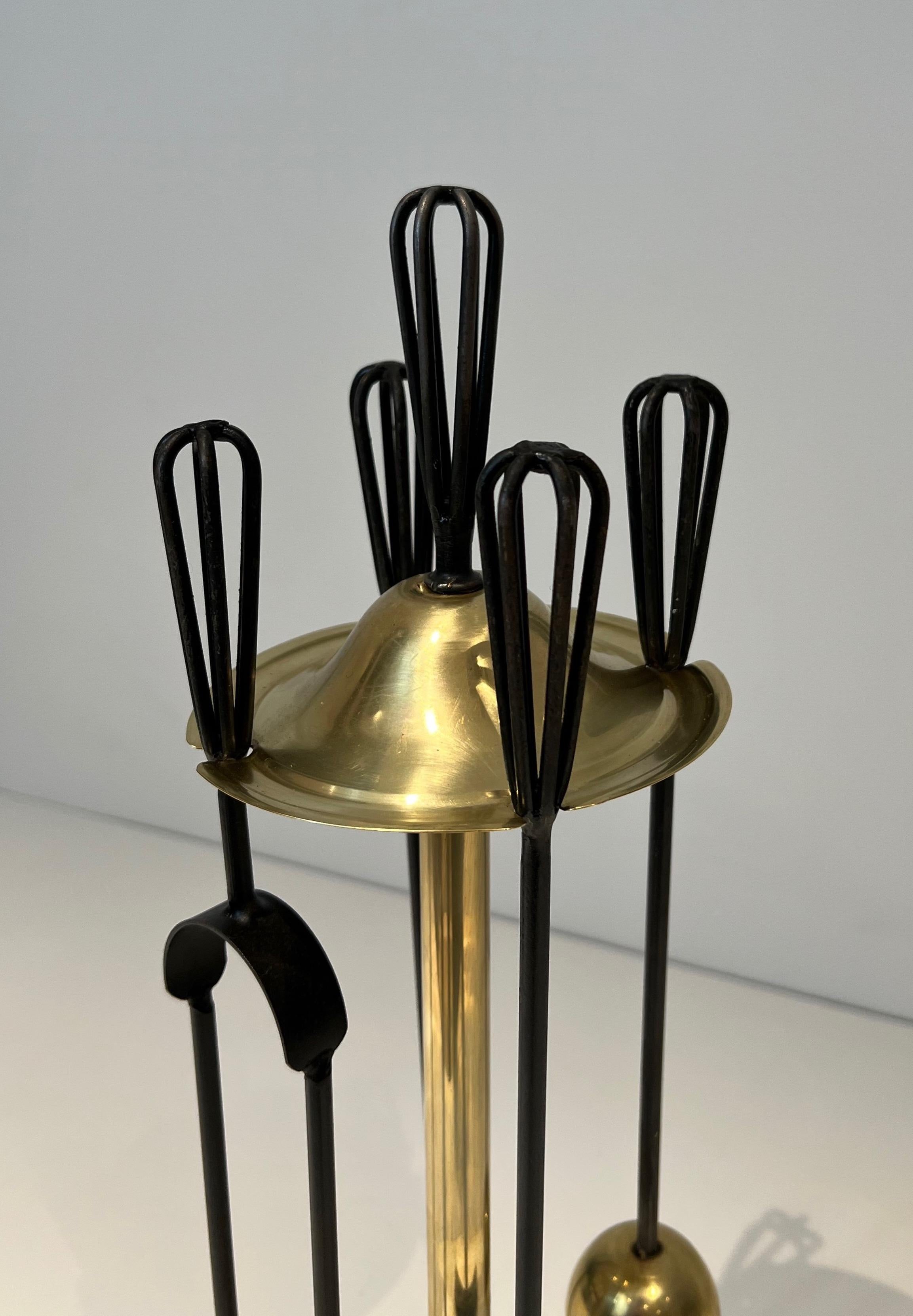Mid-Century Modern Lacquered Metal and brass Design Fireplace Tools For Sale
