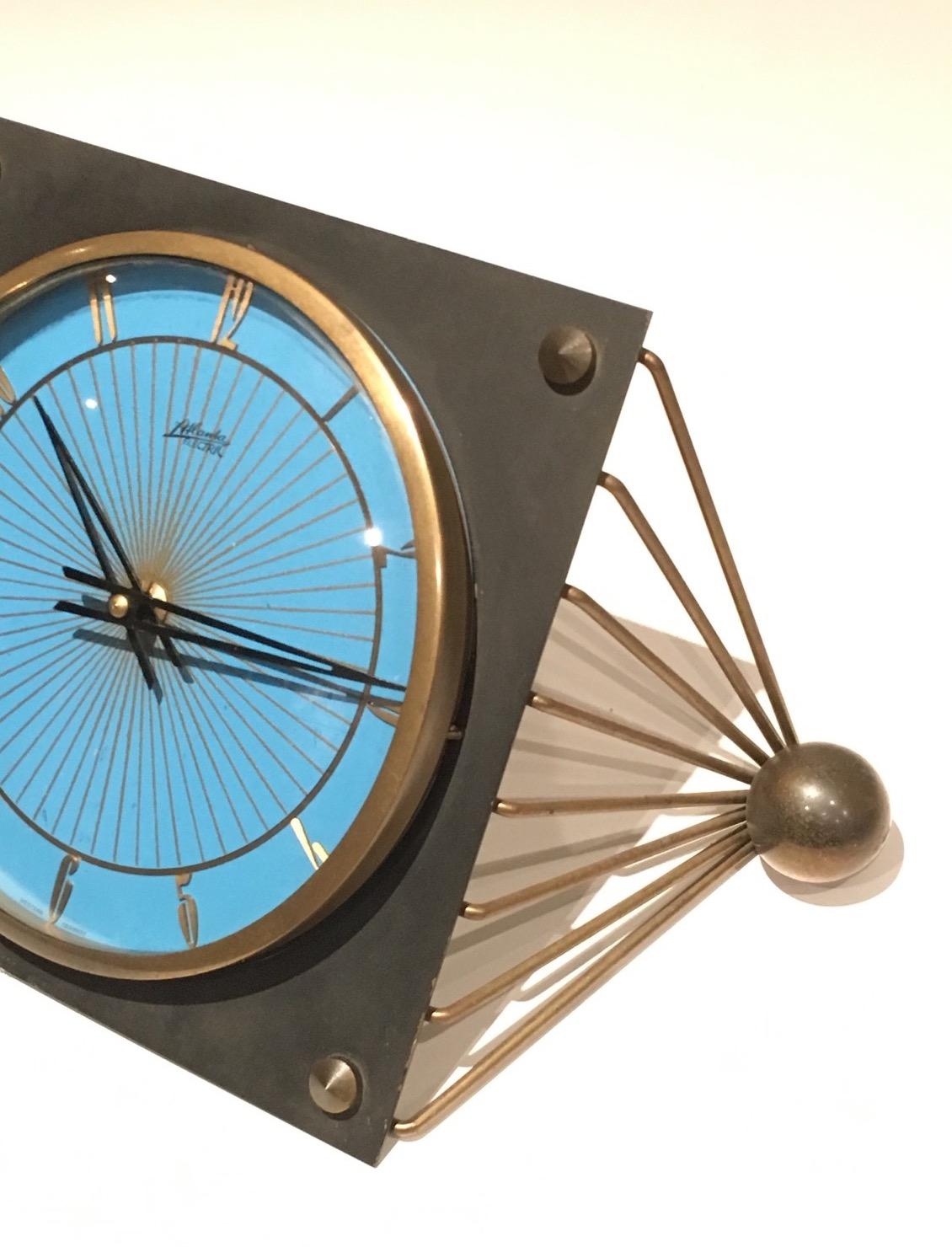 Mid-Century Modern Lacquered Metal, Brass and Glass Clock, Circa 1950 For Sale