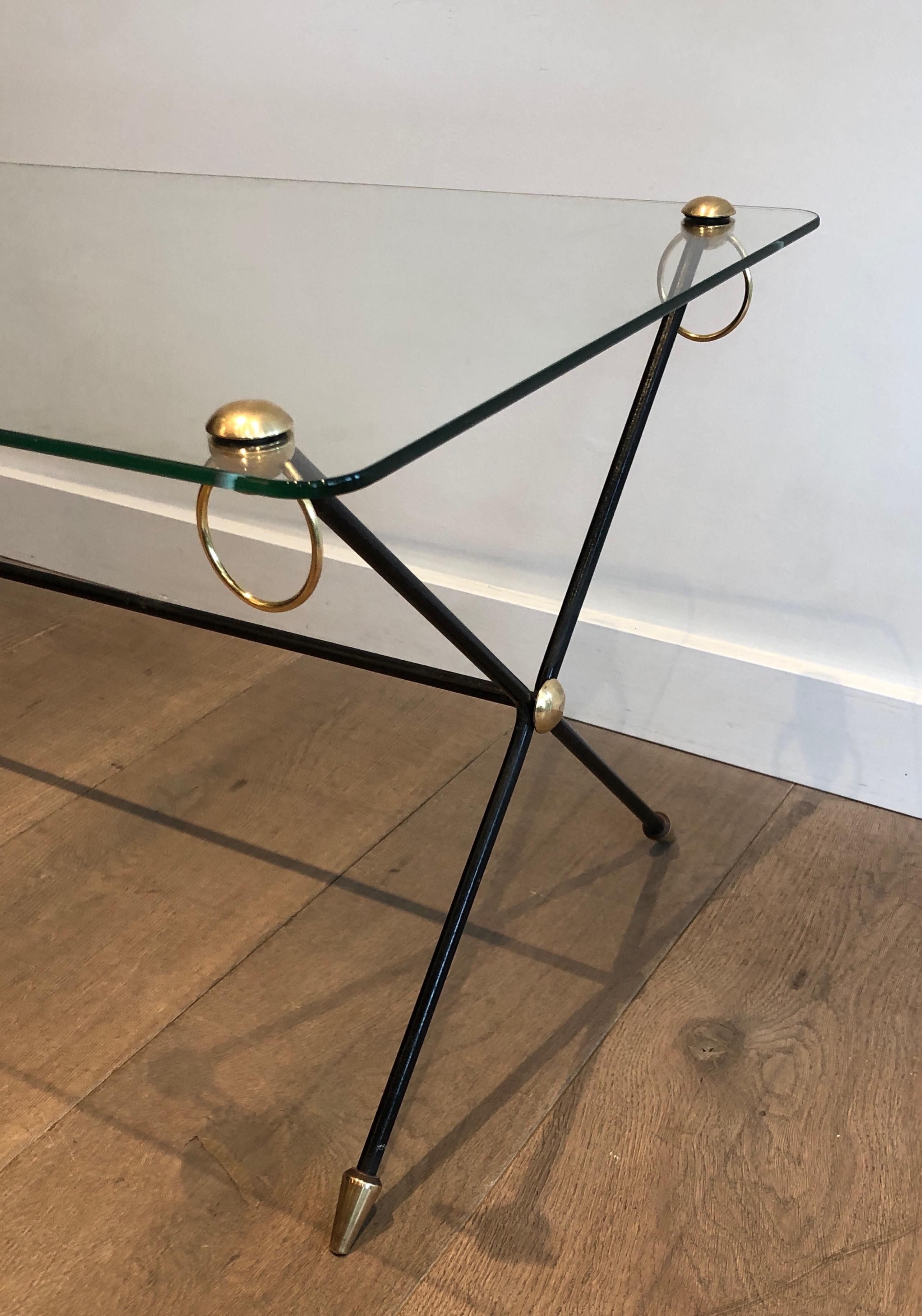 Lacquered Metal, Brass and Glass Coffee Table by Jacques Adnet For Sale 4