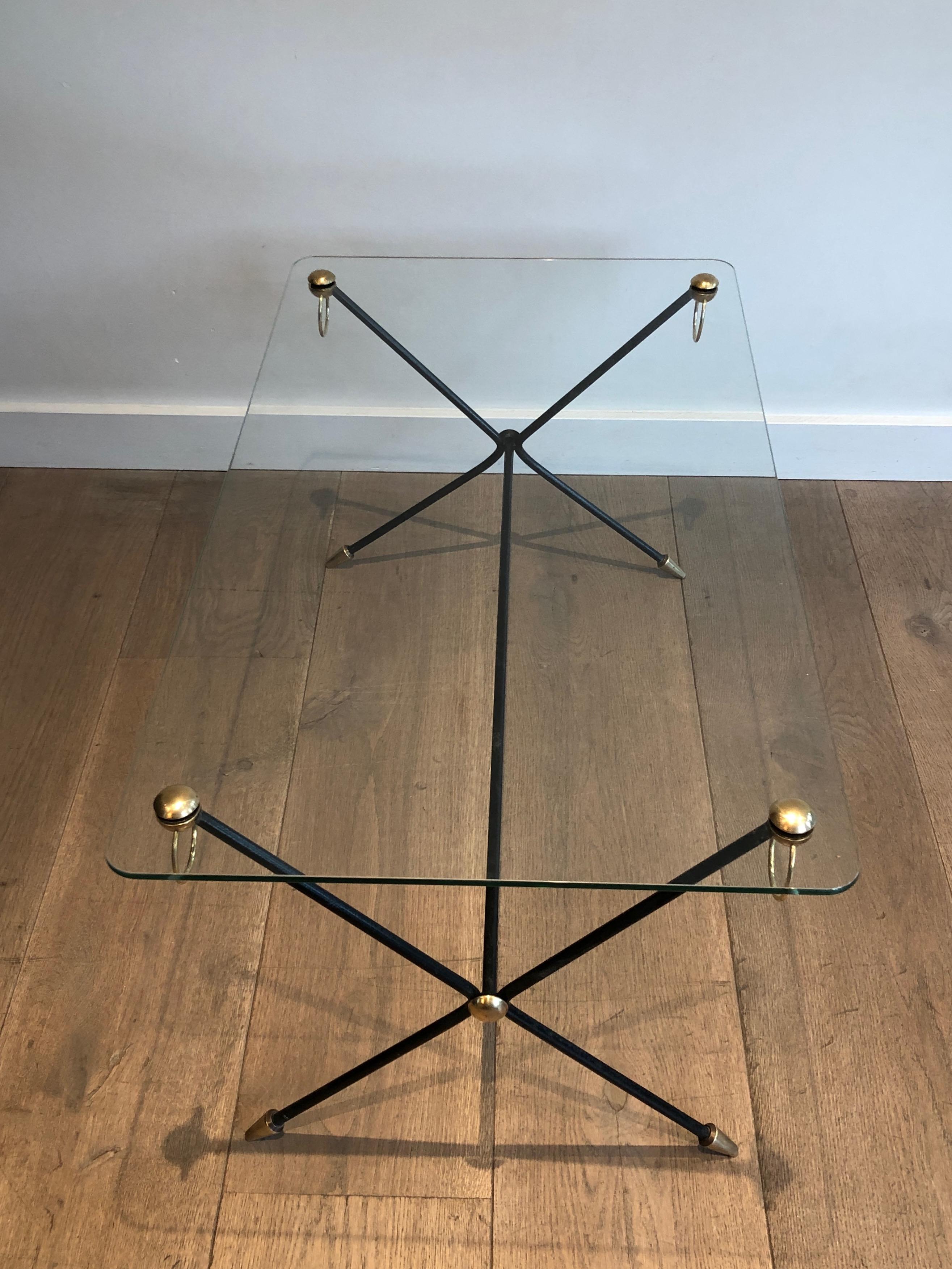 French Lacquered Metal, Brass and Glass Coffee Table by Jacques Adnet For Sale