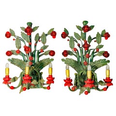 Lacquered metal wall lights decorated with leaves and flowers circa 1930/1950