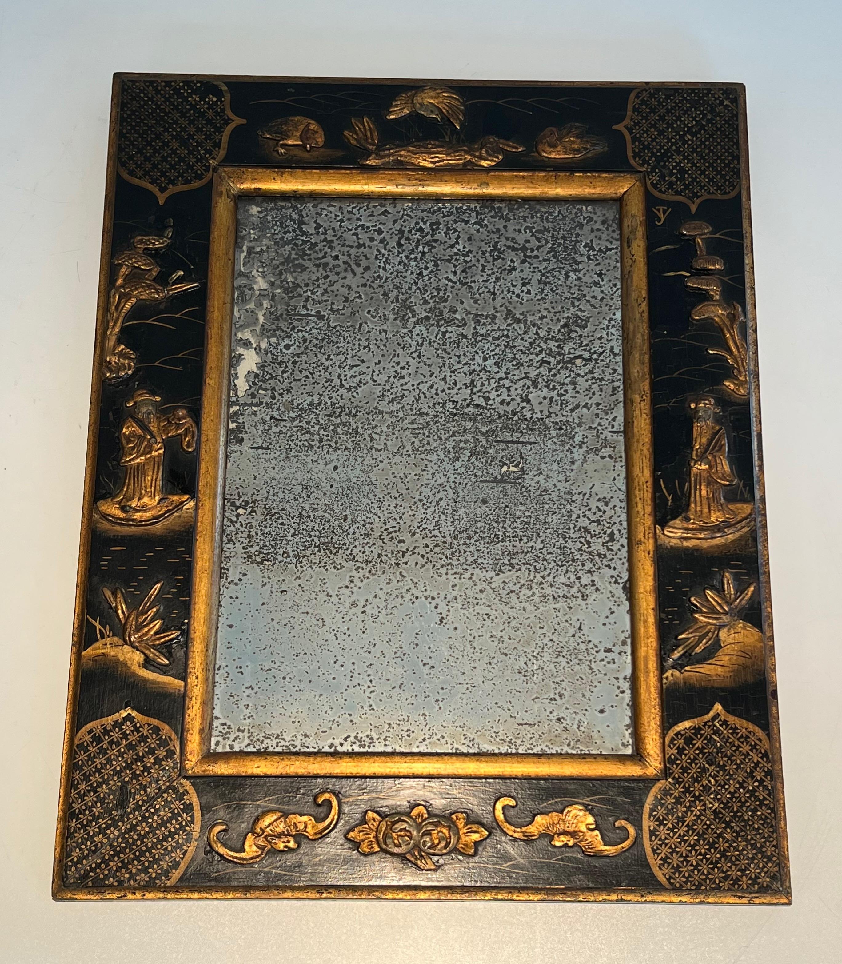 Lacquered Mirror with Chinese Scenes in the style of Maison Jansen. Circa 1940 For Sale 14