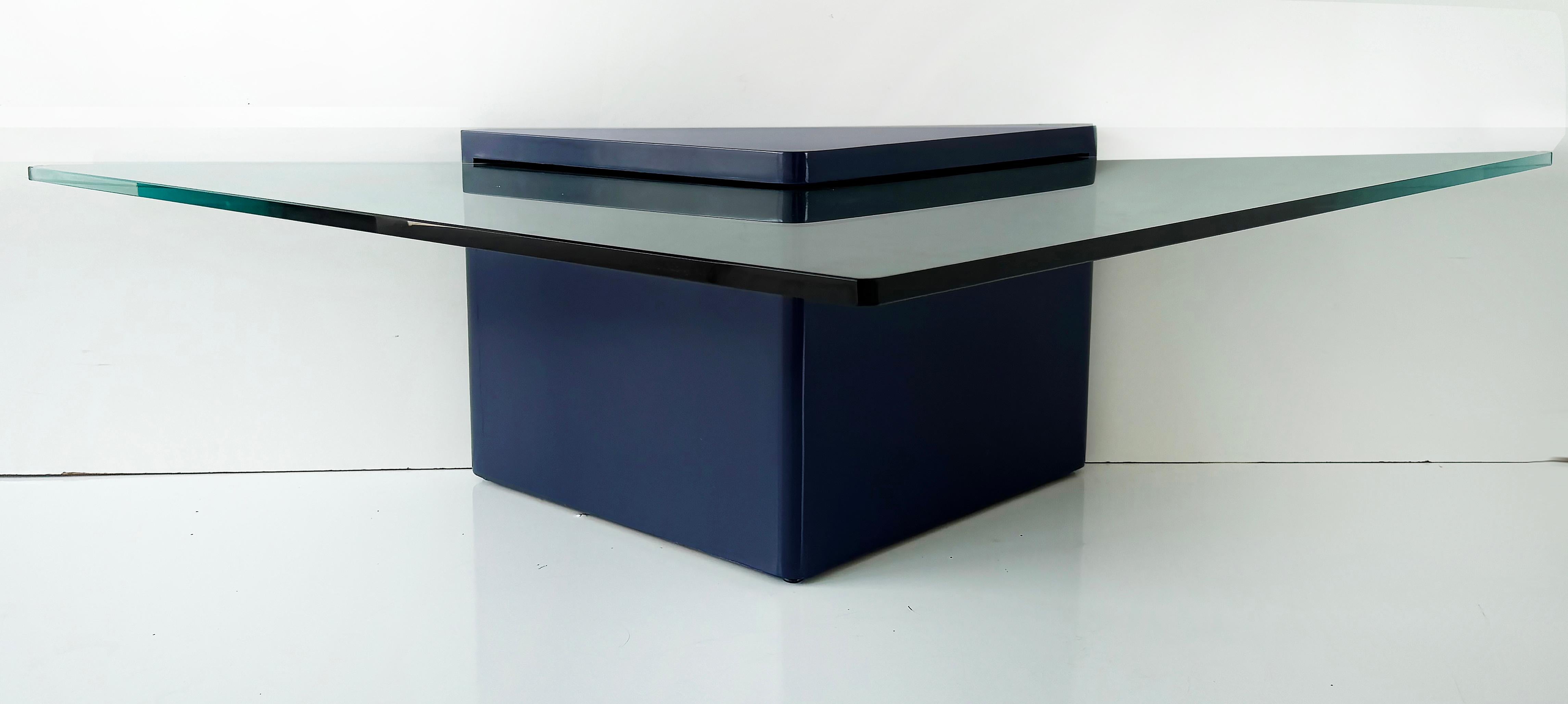 American Lacquered Modern Triangle Coffee Tables with Glass, Pair in Deep Midnight Blue For Sale