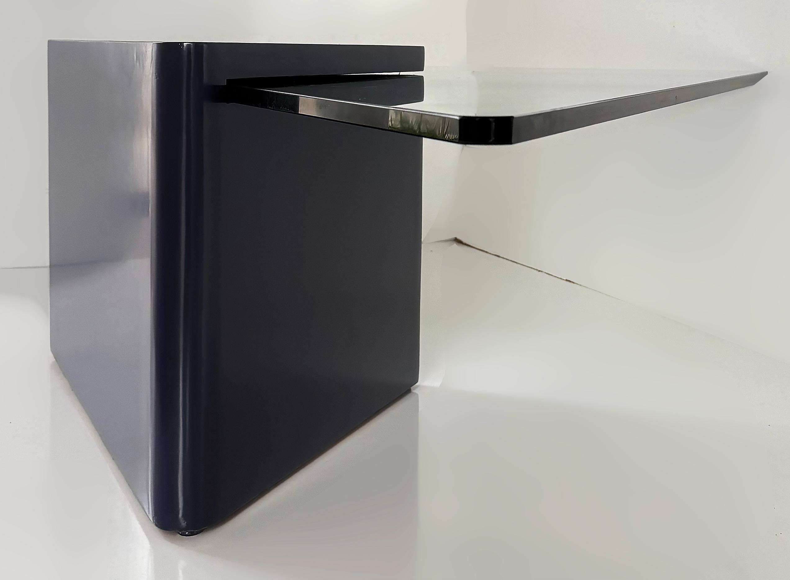 20th Century Lacquered Modern Triangle Coffee Tables with Glass, Pair in Deep Midnight Blue For Sale
