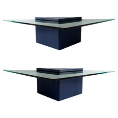 Vintage Lacquered Modern Triangle Coffee Tables with Glass, Pair in Deep Midnight Blue