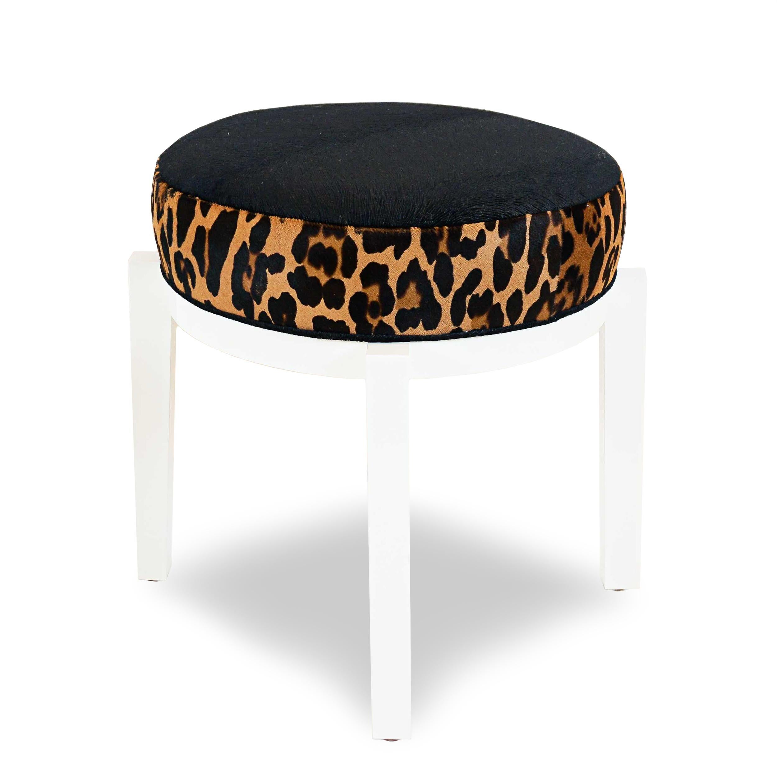 Lacquered Ottoman Stool with Leopard Printed Calfskin and Animal Embossed Velvet For Sale 3