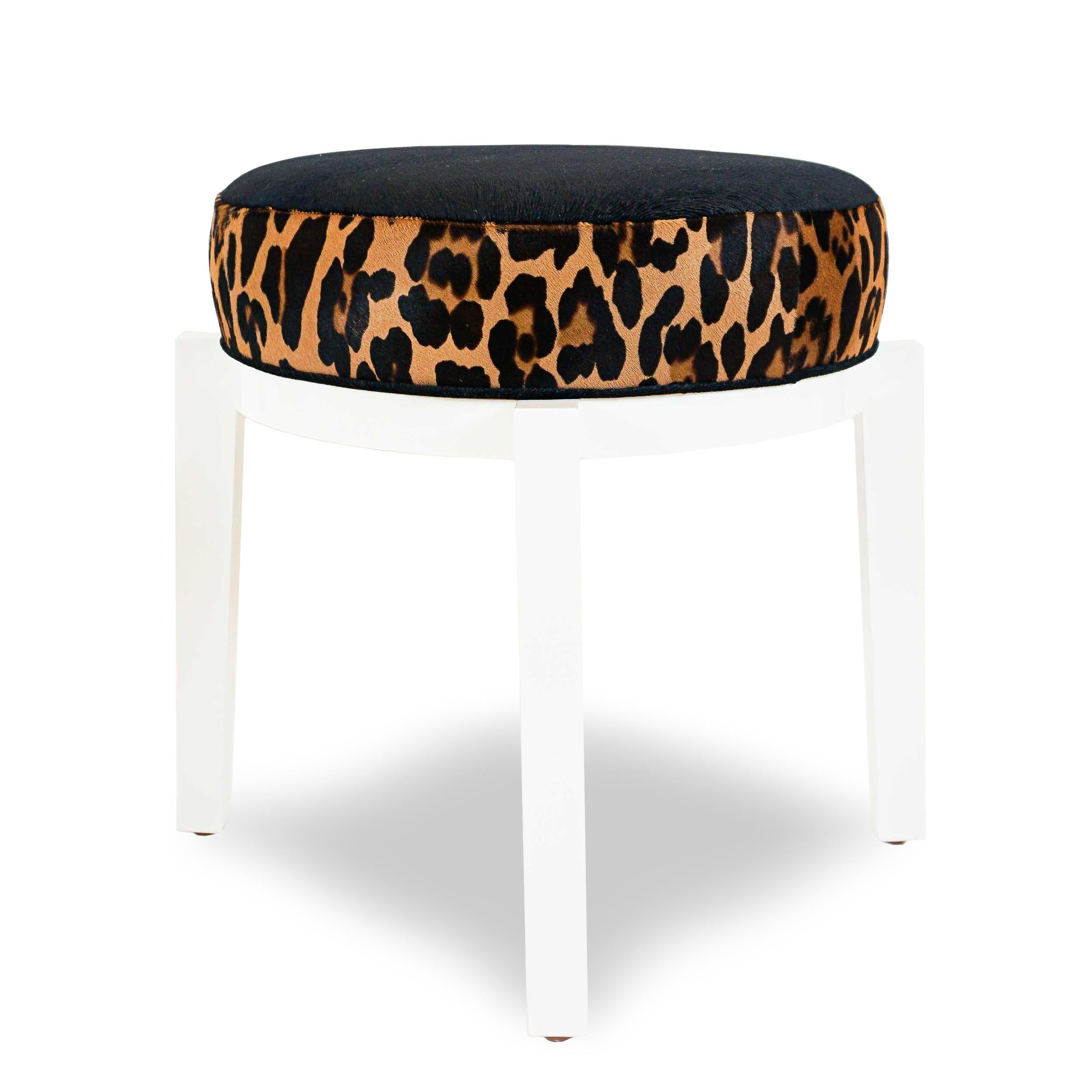 Lacquered Ottoman Stool with Leopard Printed Calfskin and Animal Embossed Velvet For Sale 4