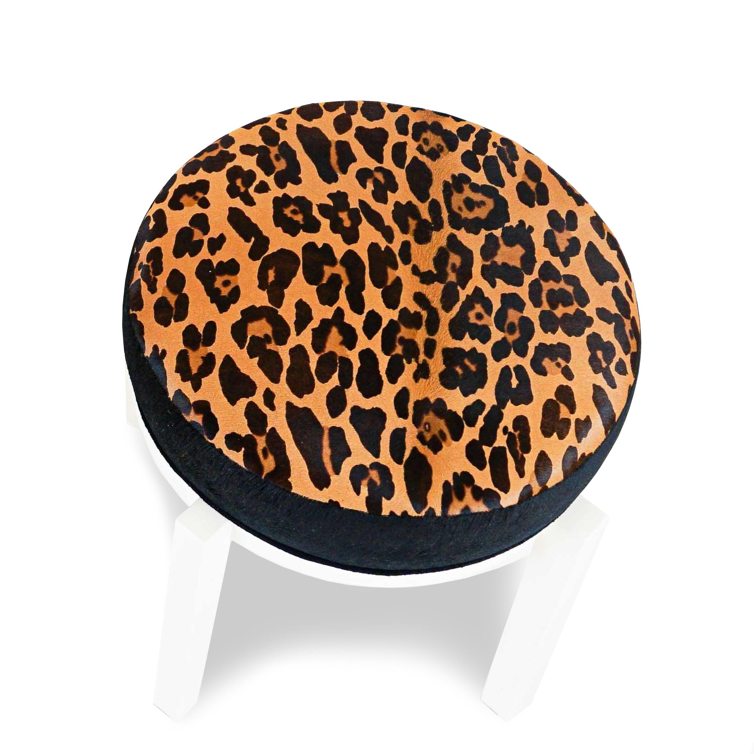 Modern Lacquered Ottoman Stool with Leopard Printed Calfskin and Animal Embossed Velvet For Sale