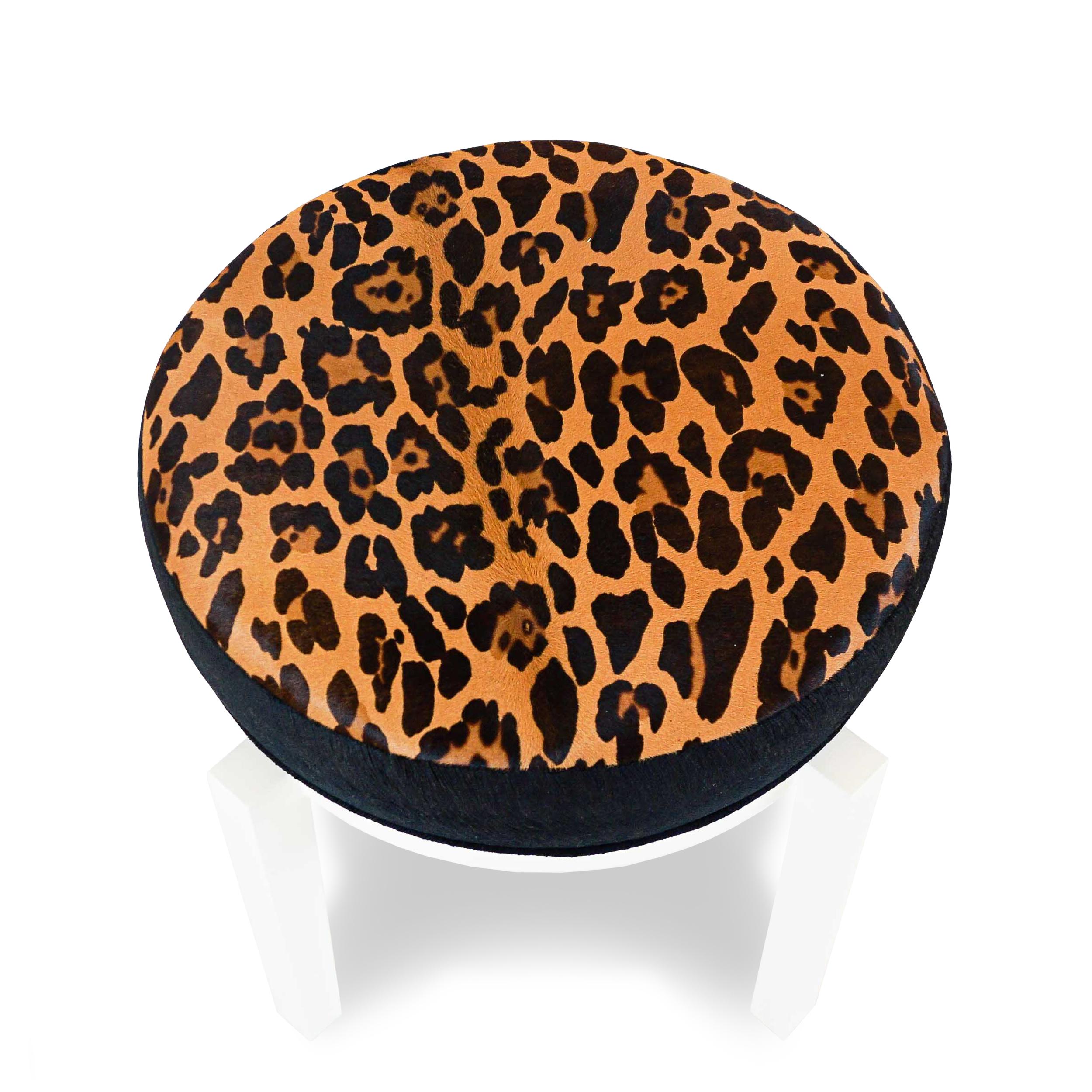 American Lacquered Ottoman Stool with Leopard Printed Calfskin and Animal Embossed Velvet For Sale