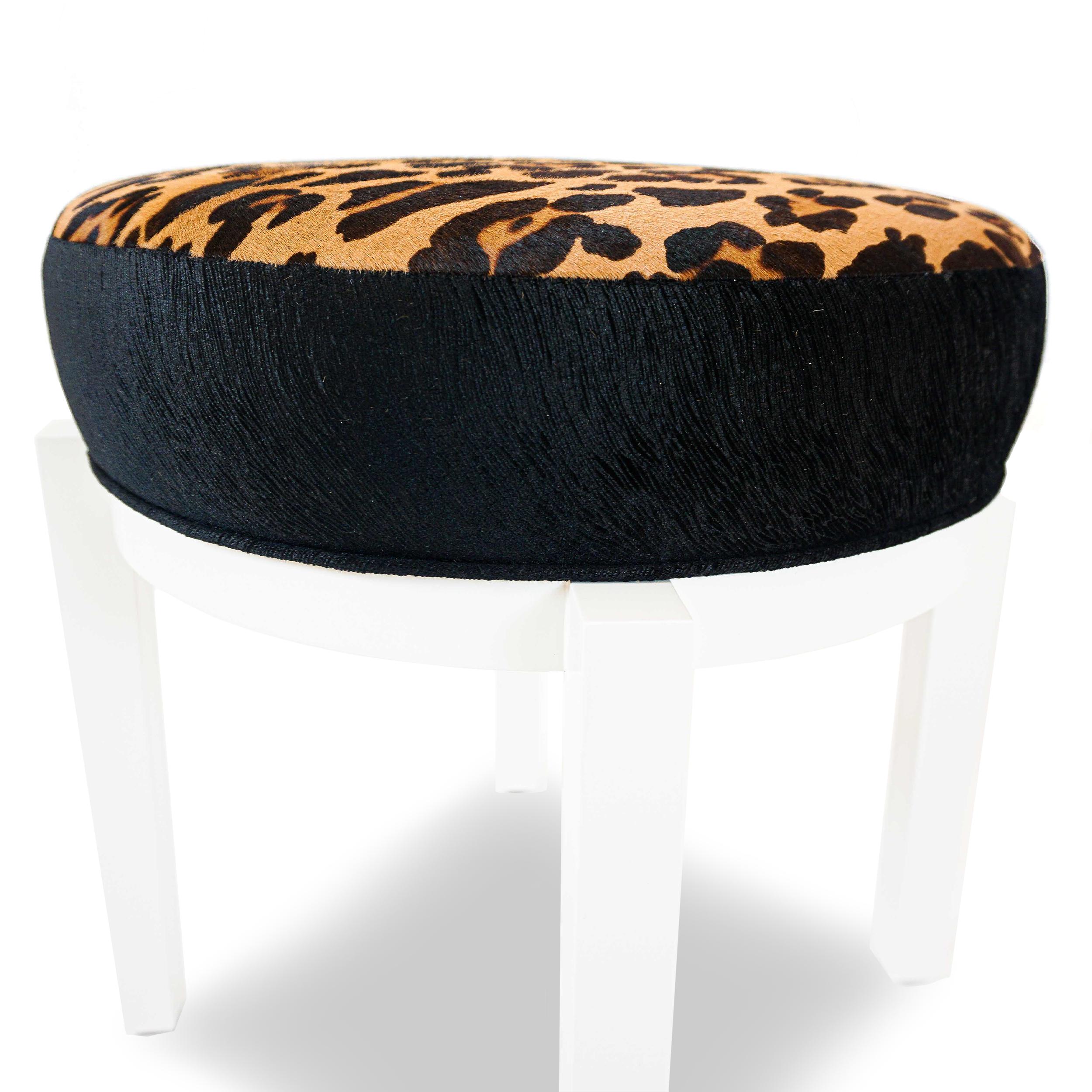 Lacquered Ottoman Stool with Leopard Printed Calfskin and Animal Embossed Velvet In New Condition For Sale In Greenwich, CT