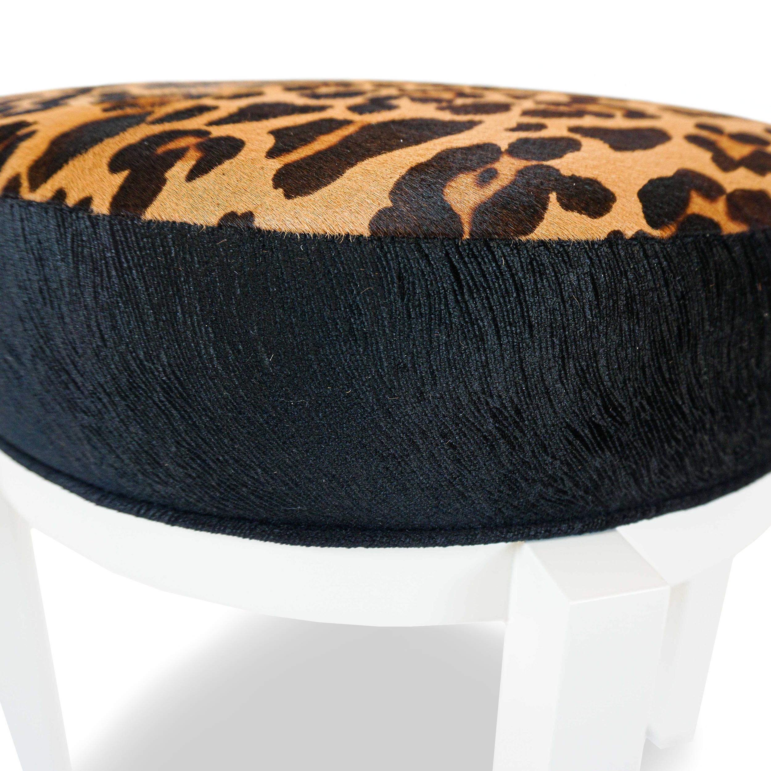Contemporary Lacquered Ottoman Stool with Leopard Printed Calfskin and Animal Embossed Velvet For Sale