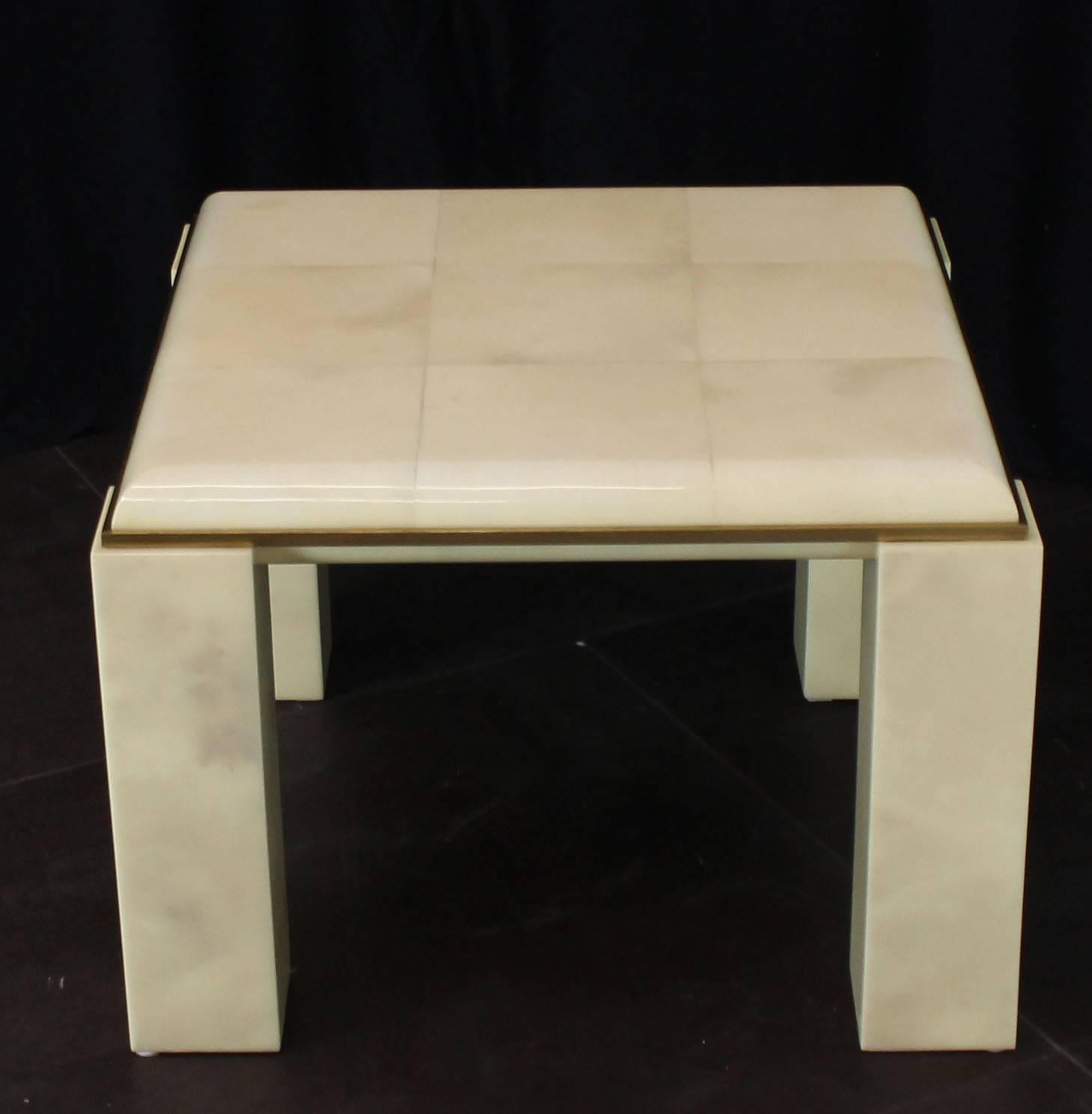 Exception quality square goatskin tiles top table finish with thick high gloss lacquer.