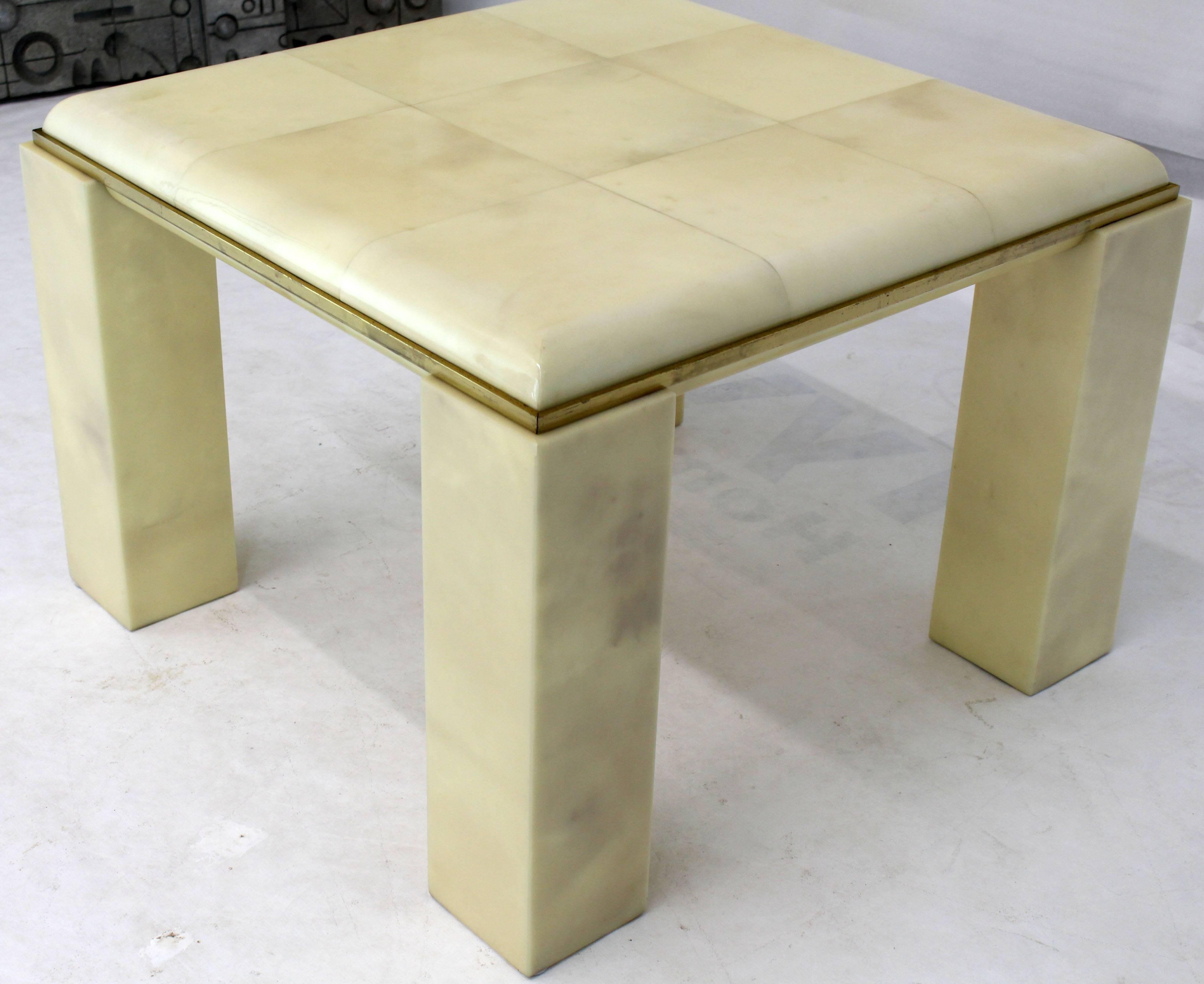 20th Century Lacquered Parchment Solid Brass Edge Trim Square Side Occasional Coffee Table For Sale