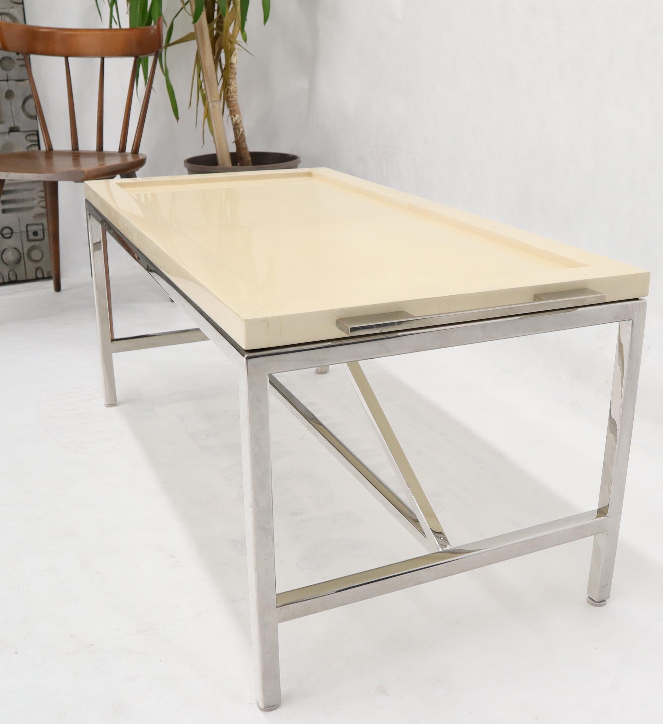 Mid-Century Modern Lacquered Parchment Tray Stainless Steel Base Coffee Table For Sale