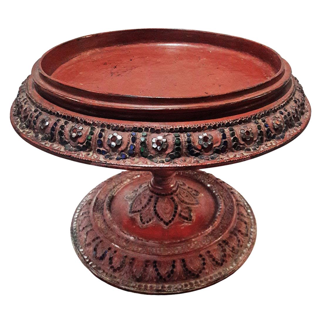 Red Lacquered Pedestal Tray/Table from Thailand, Early 20th Century For Sale