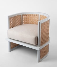 Lacquered Pine Wood and Cané Curvy Armchair with Upholstery