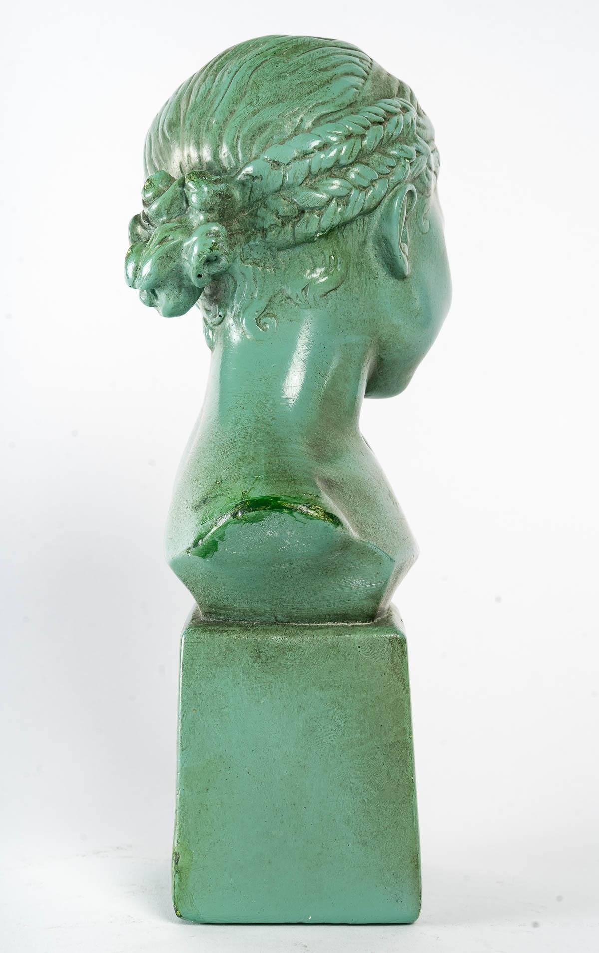 Art Nouveau Lacquered Plaster Sculpture, Bust of a Young Girl For Sale