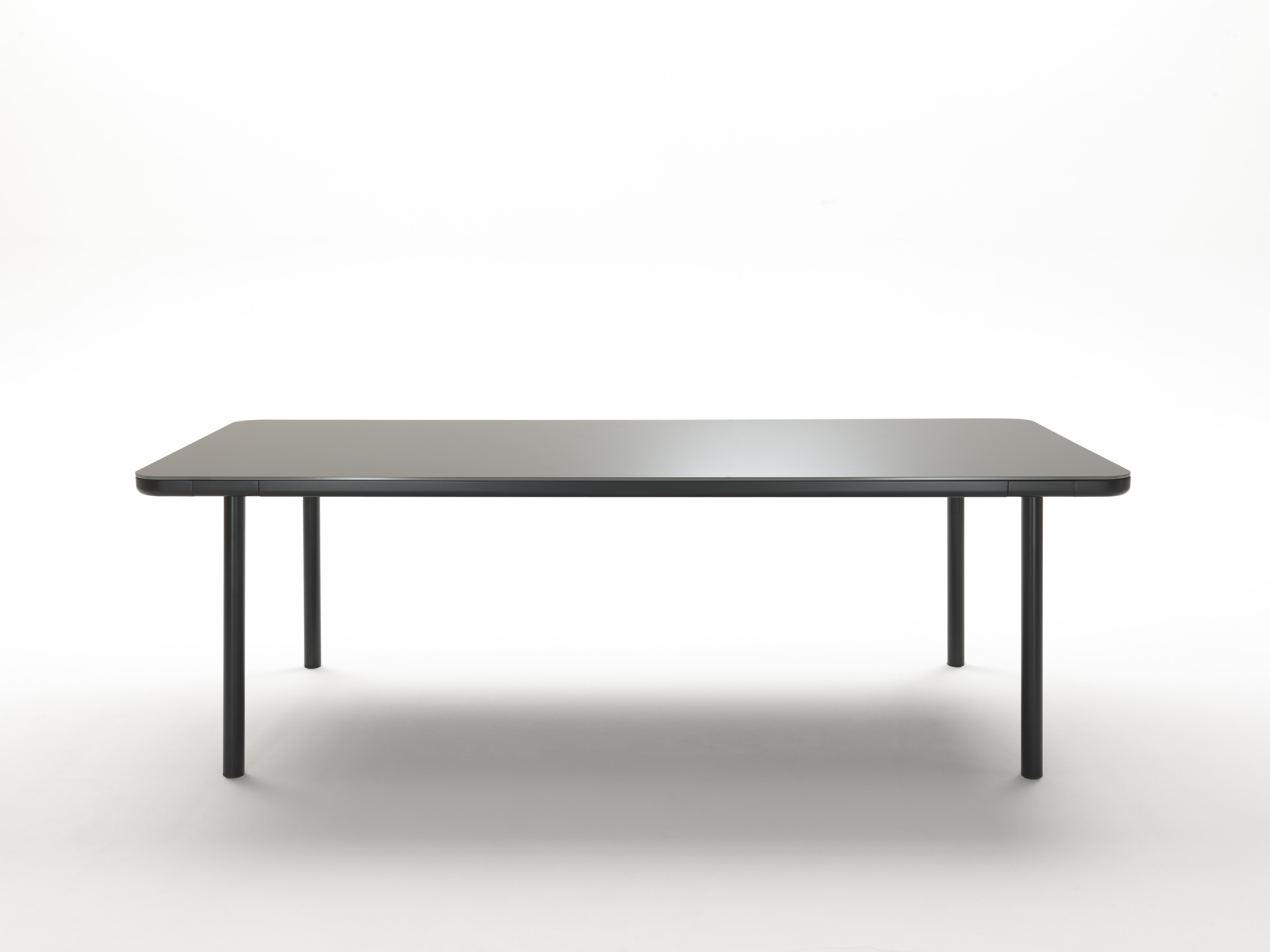 Lacquered Point Neuf table by Rodolfo Dordoni
Materials: black chromed or black lacquered metal base with gray or matt black lacquered glass top resting on a black lacquered solid wood structure.
Technique: lacquered metal, Chromed. 
Dimensions: