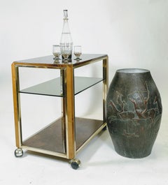 Lacquered Poplar Root and Brass Trolley, with Smoke Glass Shelf, 1970s