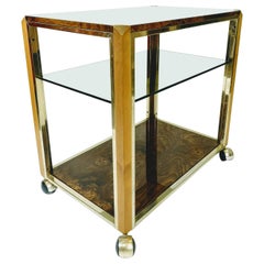 Lacquered Poplar Root and Brass Trolley, with Smoke Glass Shelf, 1970s