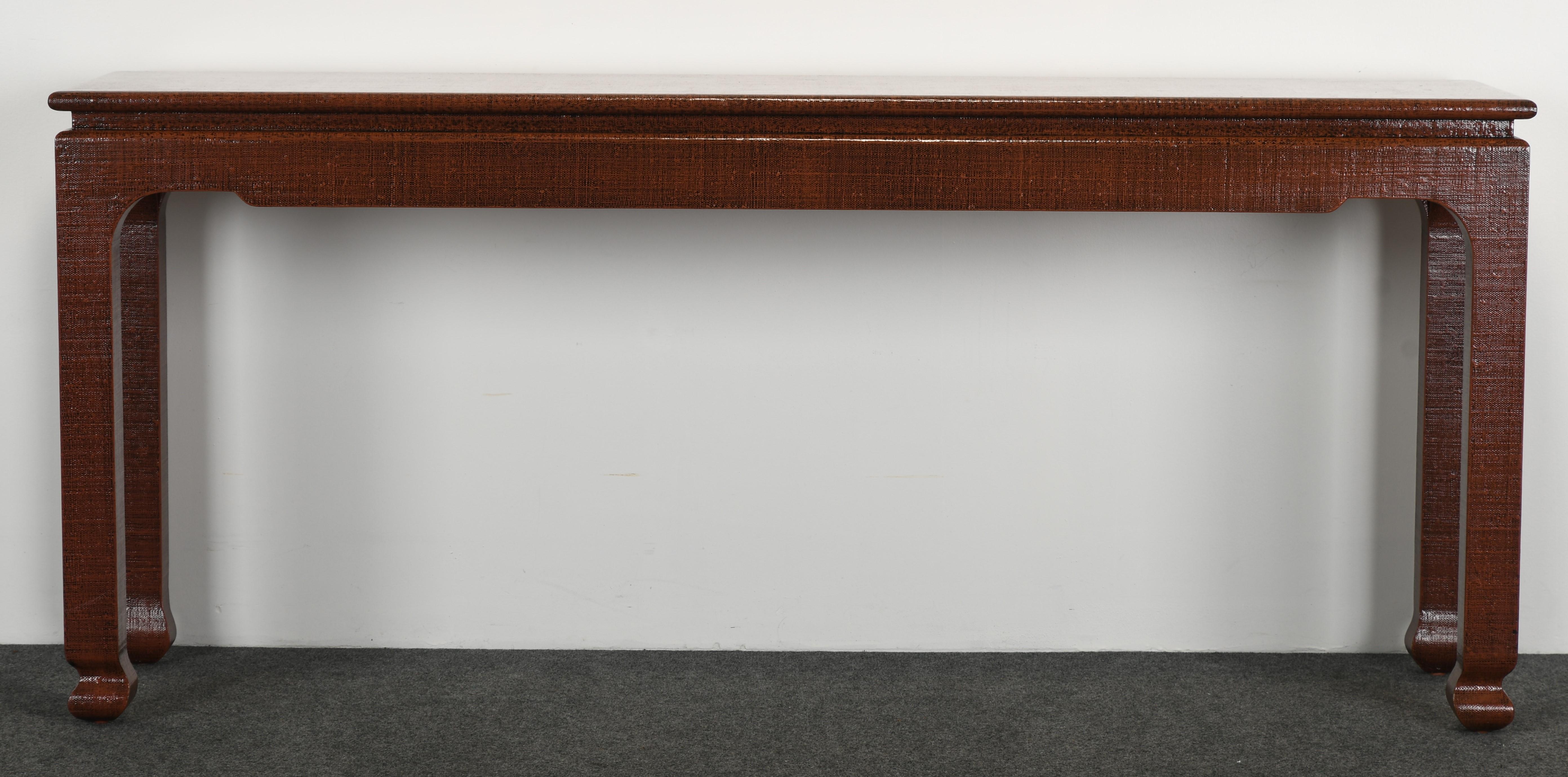 A handsome organic modern lacquered raffia console table by Harrison Van Horn, 1980s. A sleek architectural Asian-modern table from the designers' Flint Harrison & Jay Van Horn who were highly influential in the post-modern era. This console or side