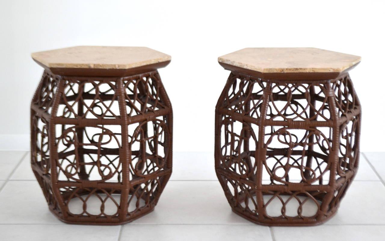 American Lacquered Rattan Side Tables