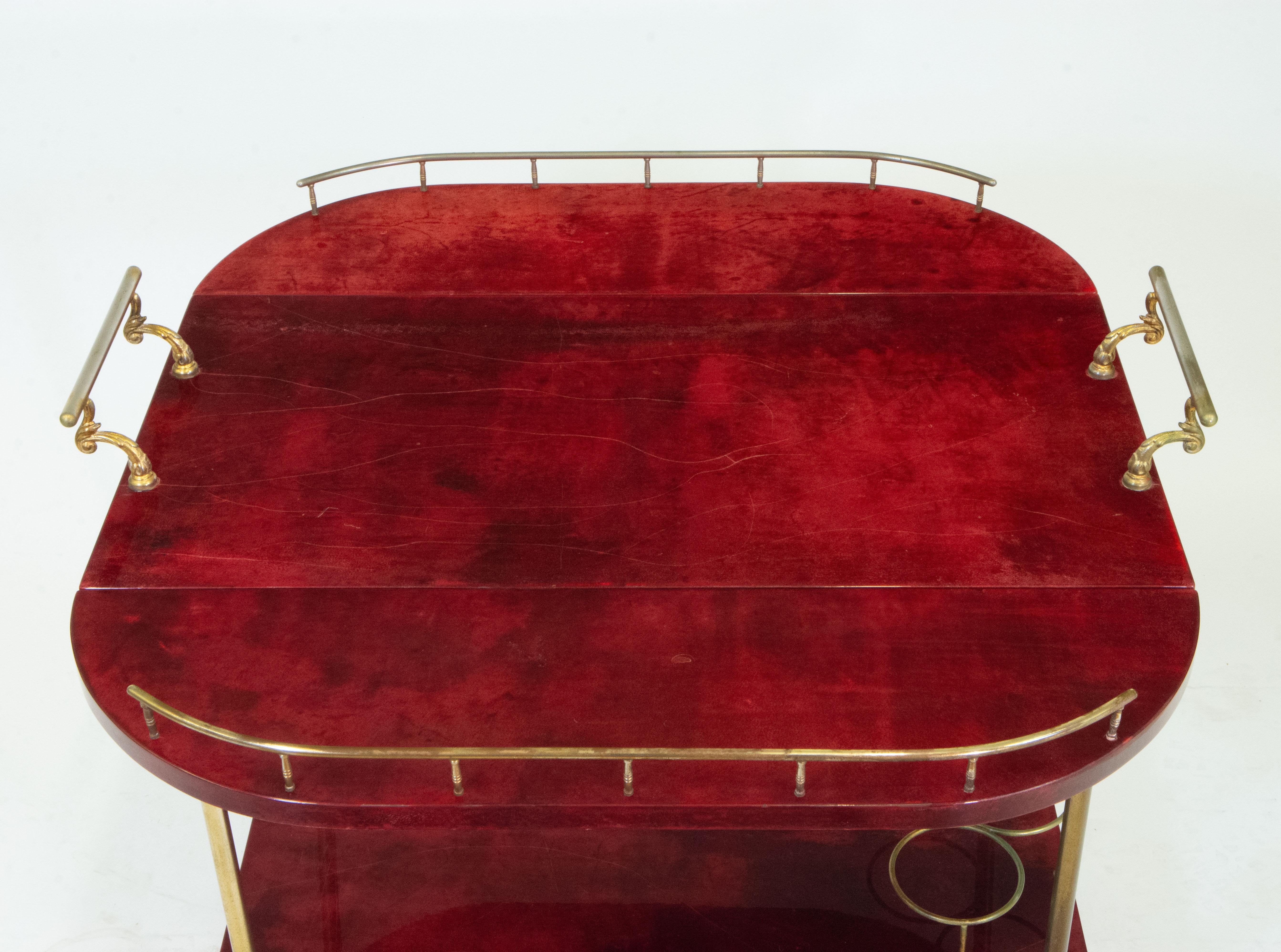 Lacquered Red Parchment Vellum & Gilt Metal Drinks Trolley By Aldo Tura For Sale 6