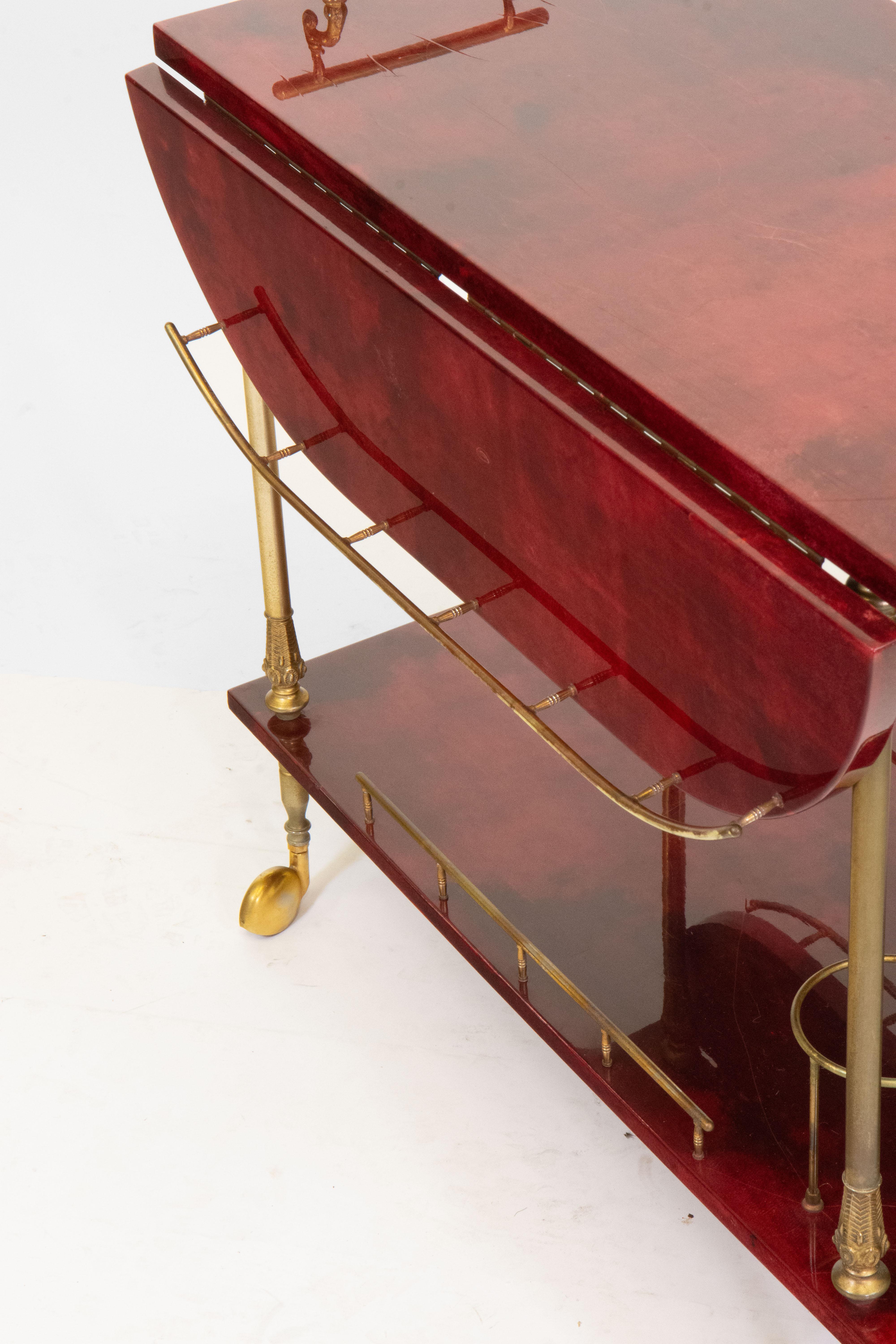 Lacquered Red Parchment Vellum & Gilt Metal Drinks Trolley By Aldo Tura For Sale 9