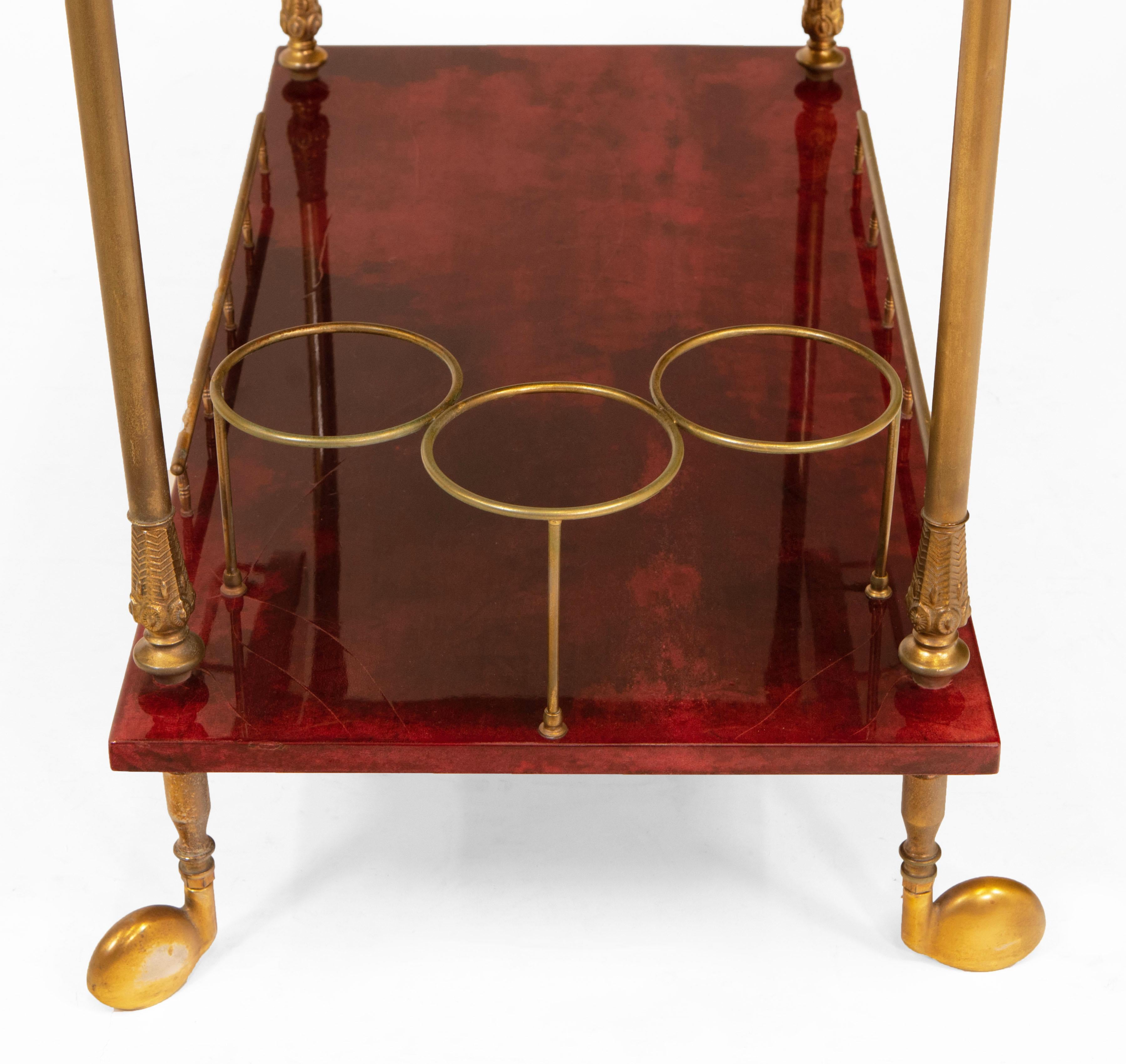 Lacquered Red Parchment Vellum & Gilt Metal Drinks Trolley By Aldo Tura For Sale 13