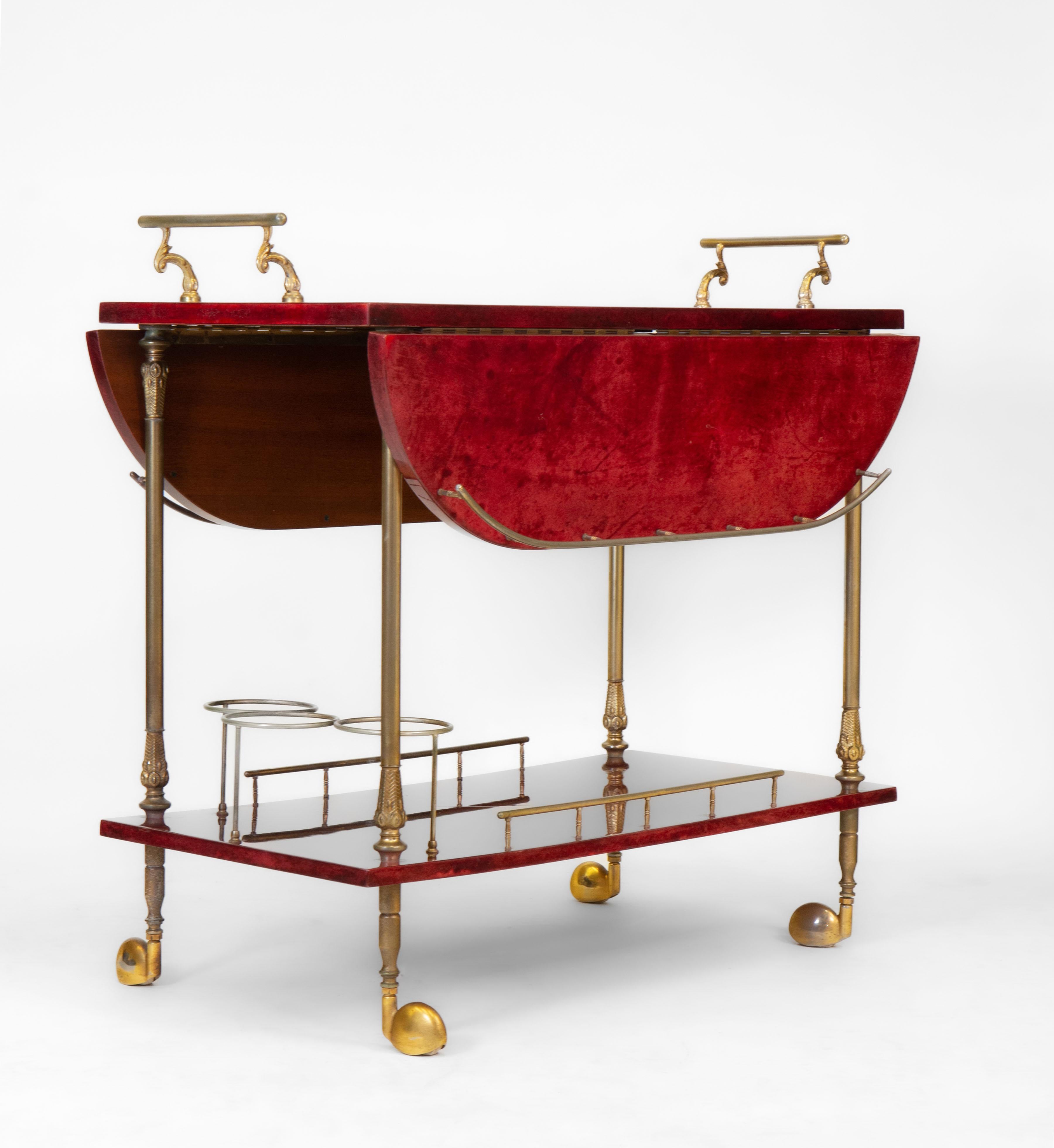 Mid-Century Modern Lacquered Red Parchment Vellum & Gilt Metal Drinks Trolley By Aldo Tura For Sale