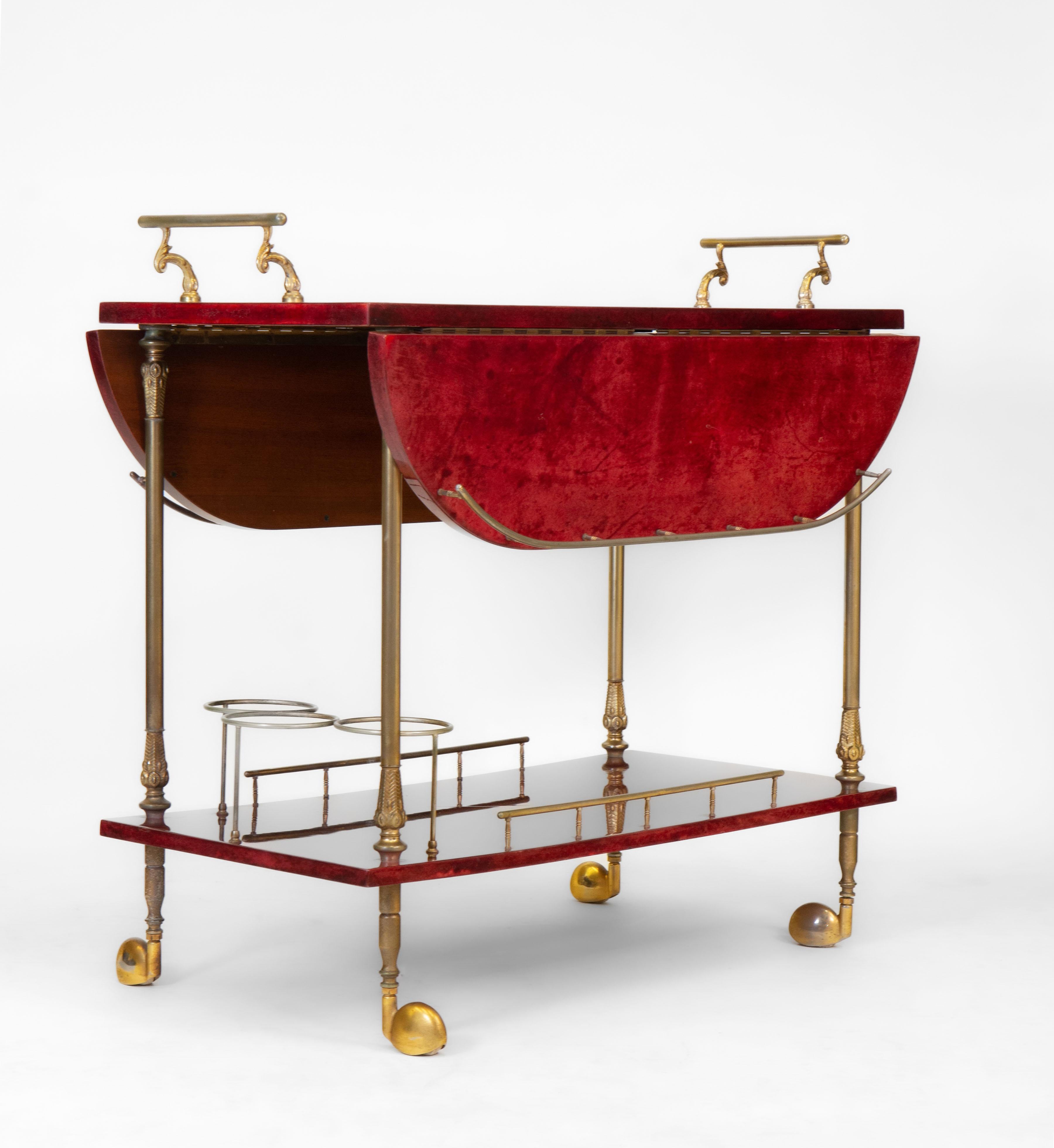 Mid-Century Modern Lacquered Red Parchment Vellum & Gilt Metal Drinks Trolley By Aldo Tura