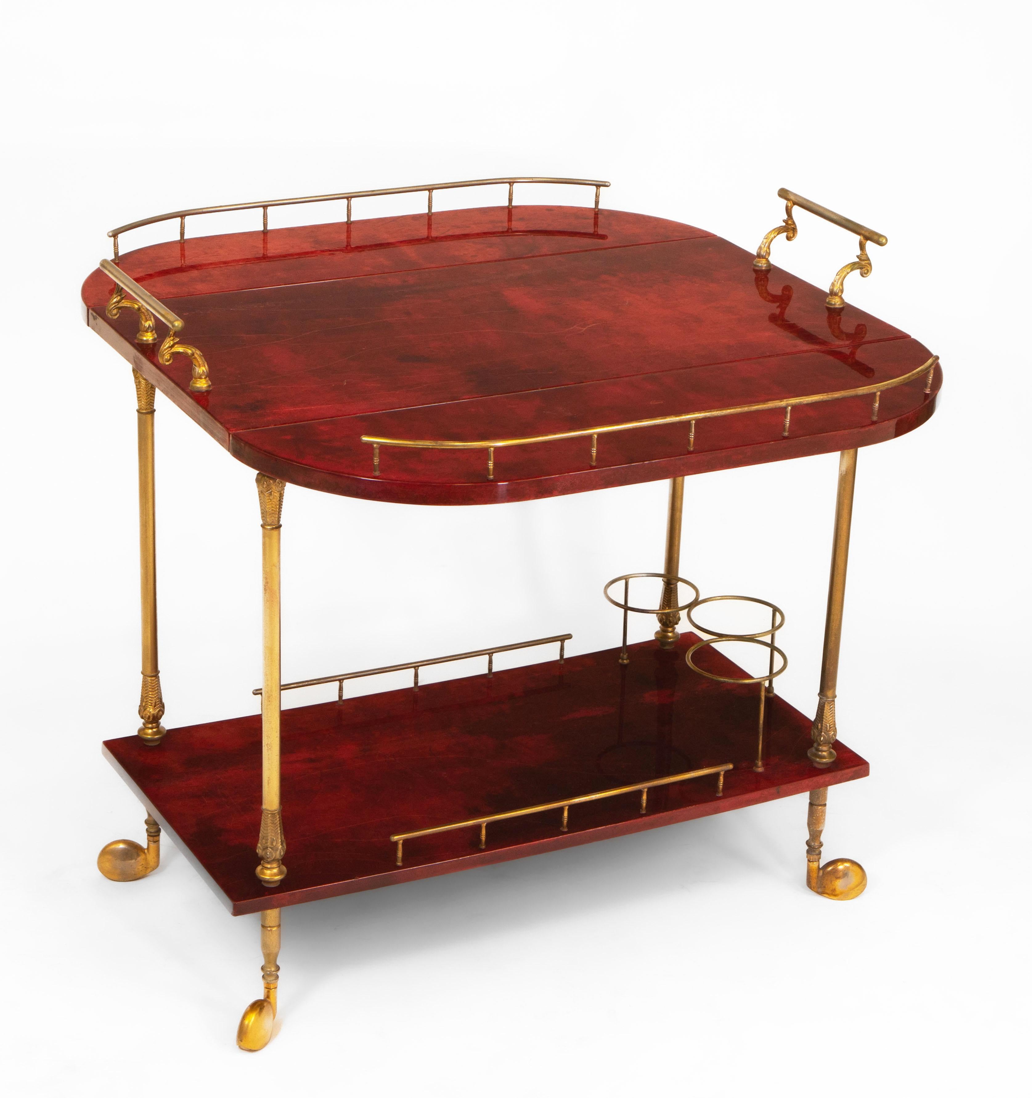 Lacquered Red Parchment Vellum & Gilt Metal Drinks Trolley By Aldo Tura In Fair Condition For Sale In Norwich, GB