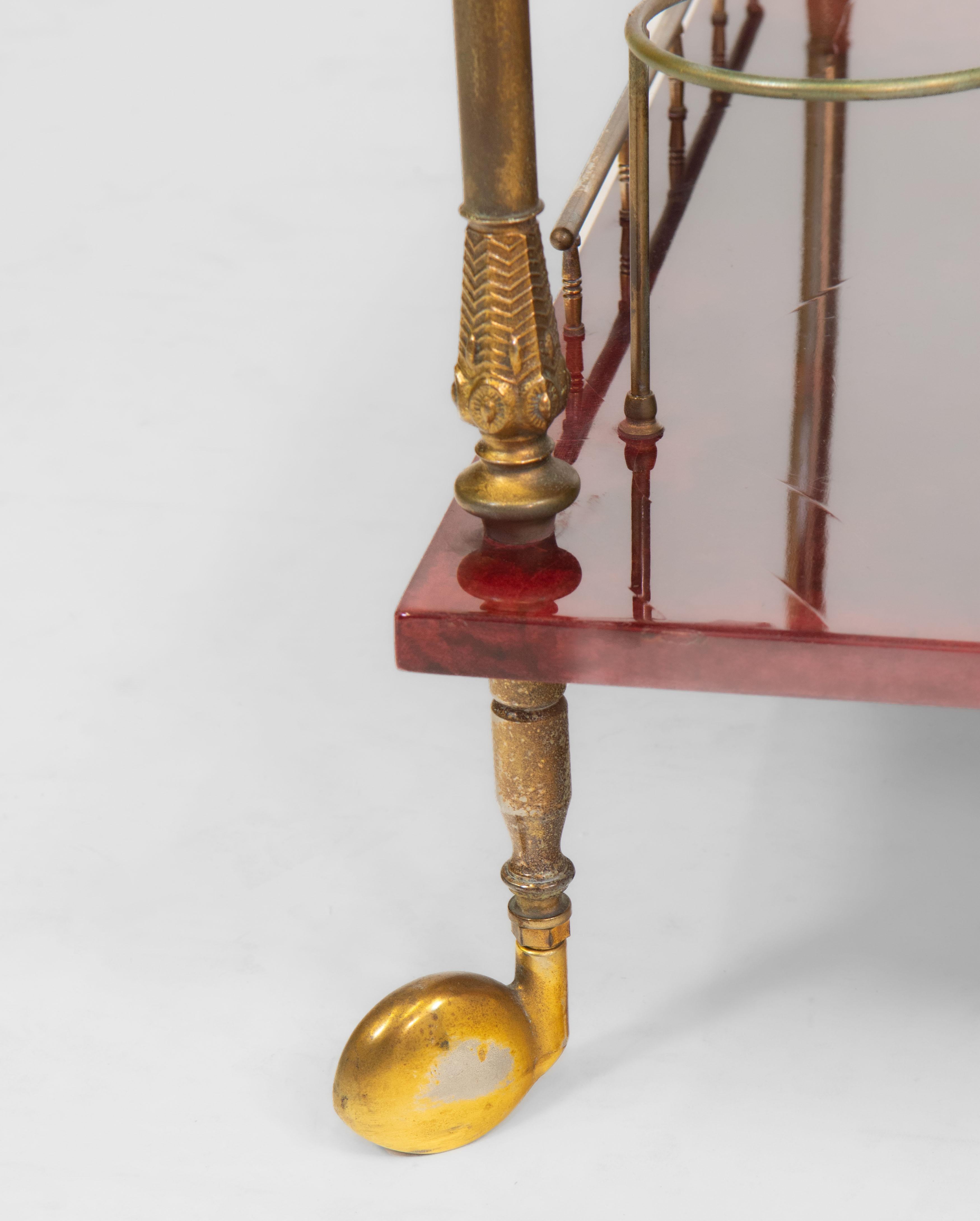 20th Century Lacquered Red Parchment Vellum & Gilt Metal Drinks Trolley By Aldo Tura For Sale