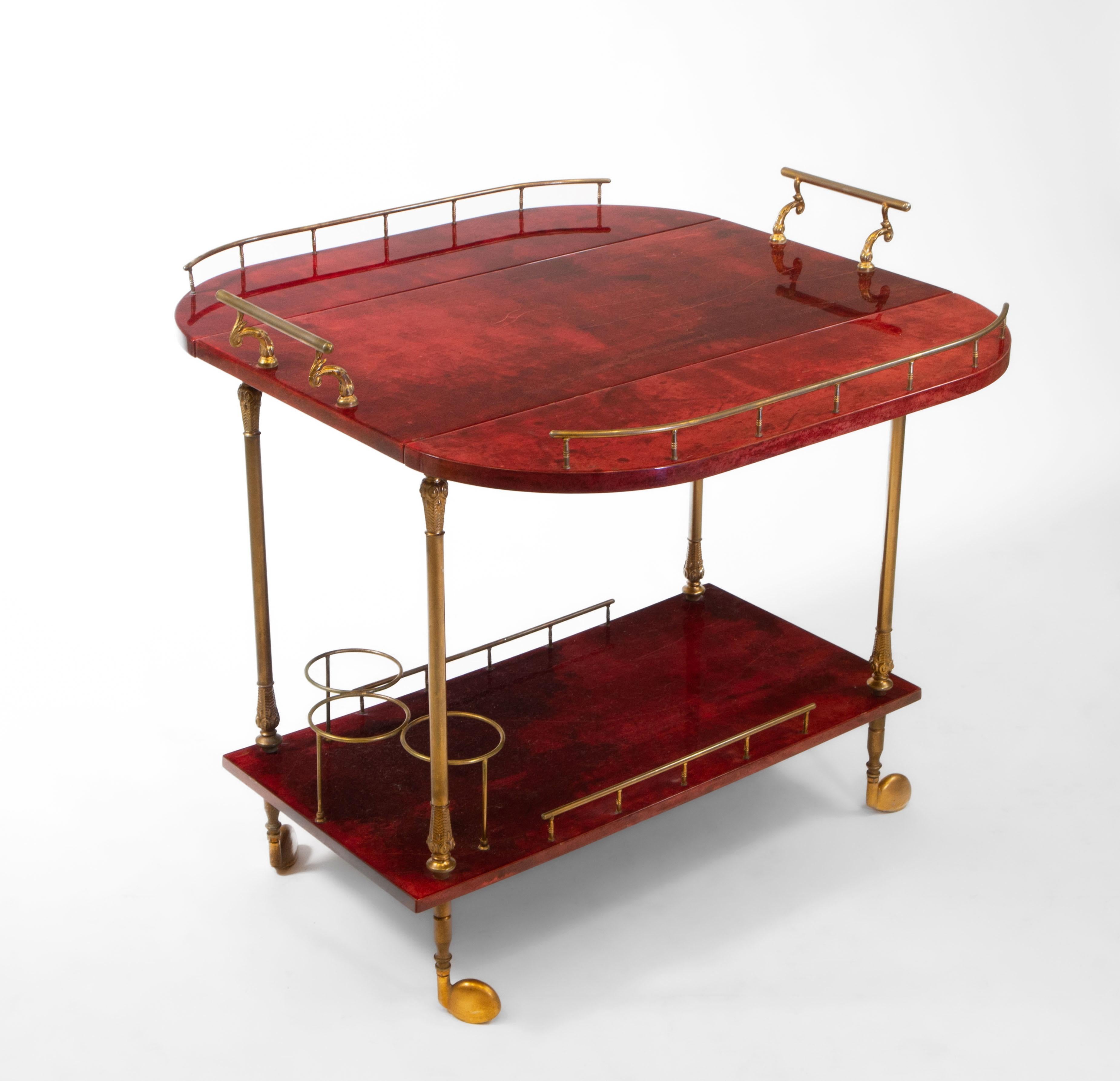 Lacquered Red Parchment Vellum & Gilt Metal Drinks Trolley By Aldo Tura For Sale 1