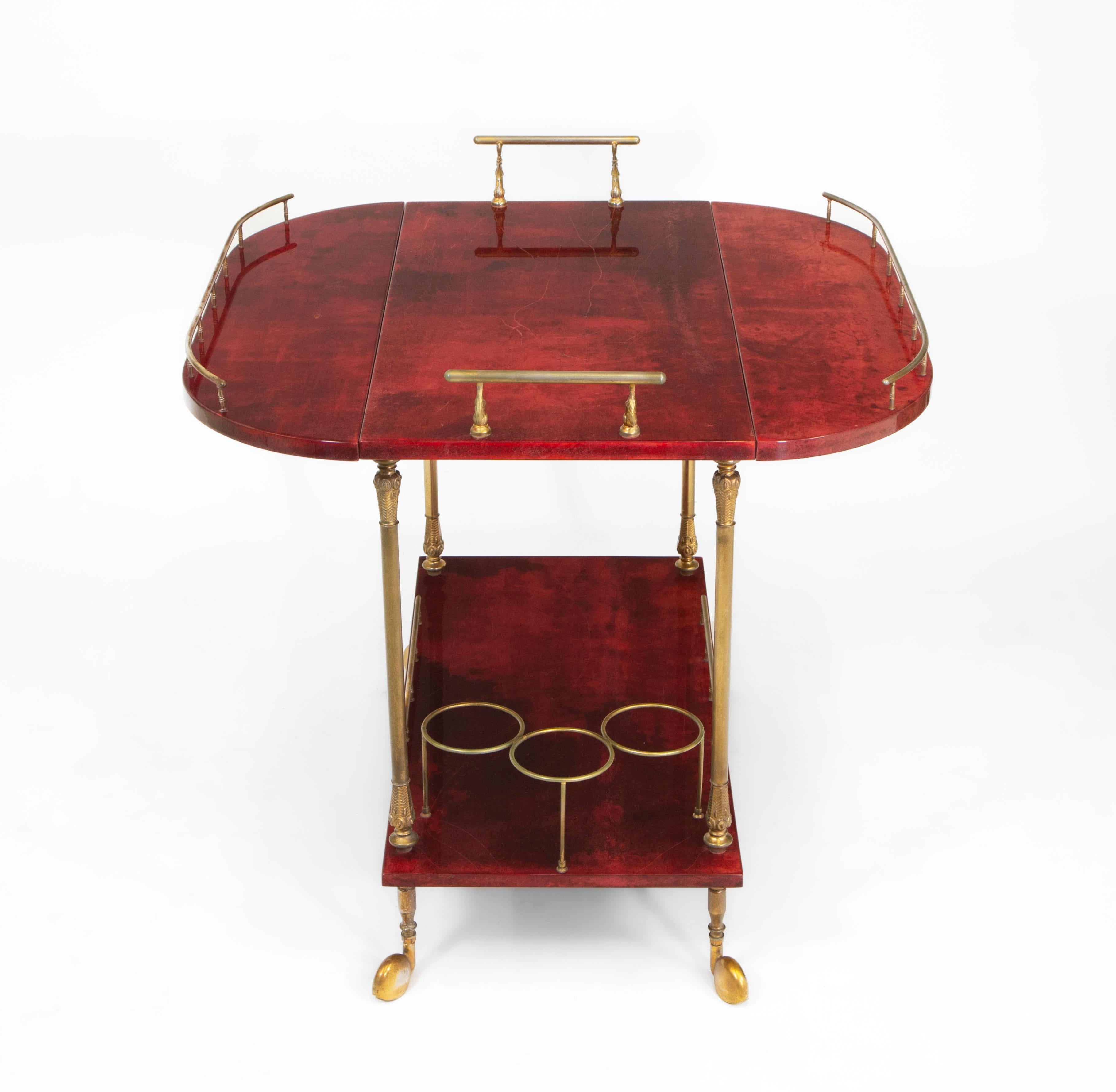 Lacquered Red Parchment Vellum & Gilt Metal Drinks Trolley By Aldo Tura For Sale 2
