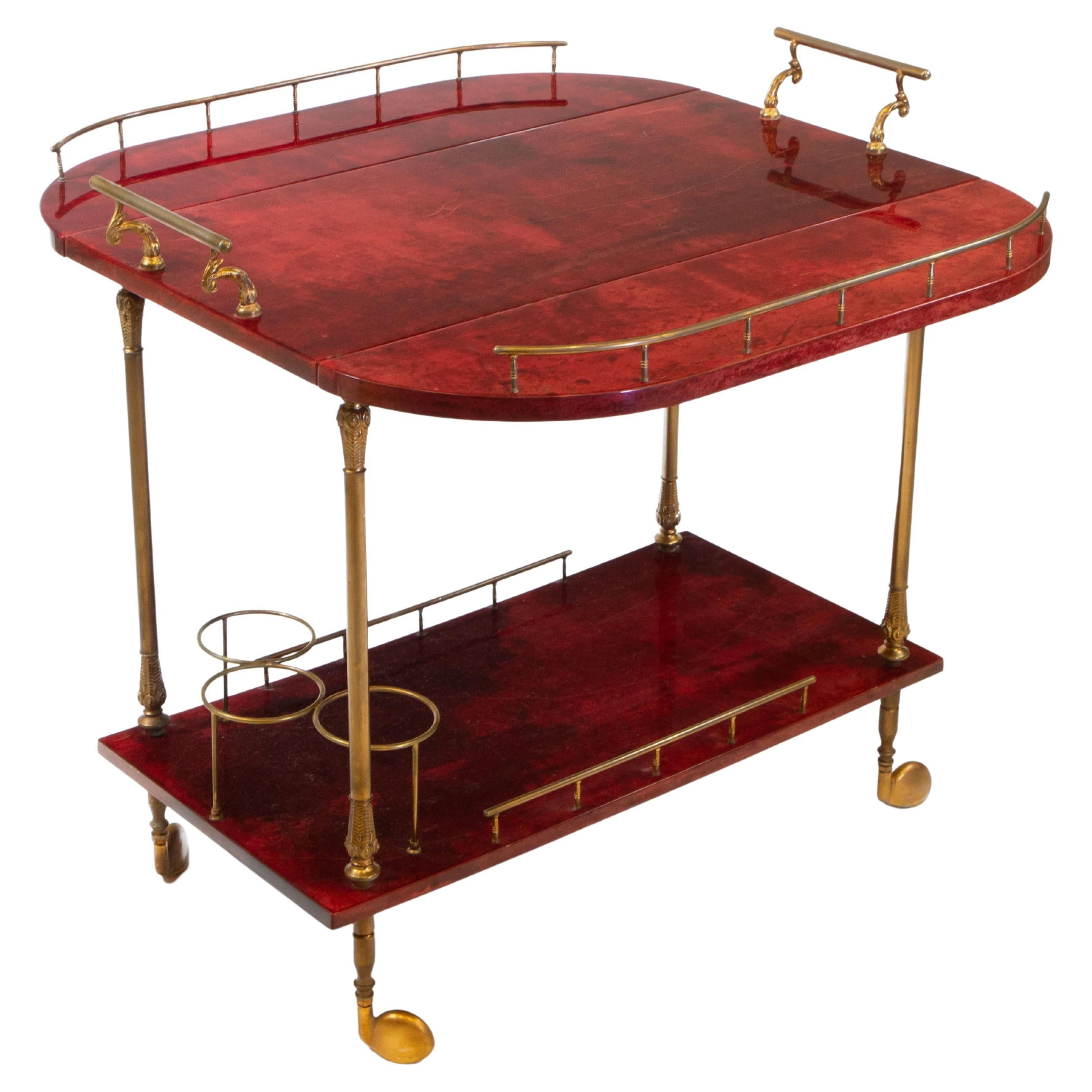 Lacquered Red Parchment Vellum & Gilt Metal Drinks Trolley By Aldo Tura For Sale